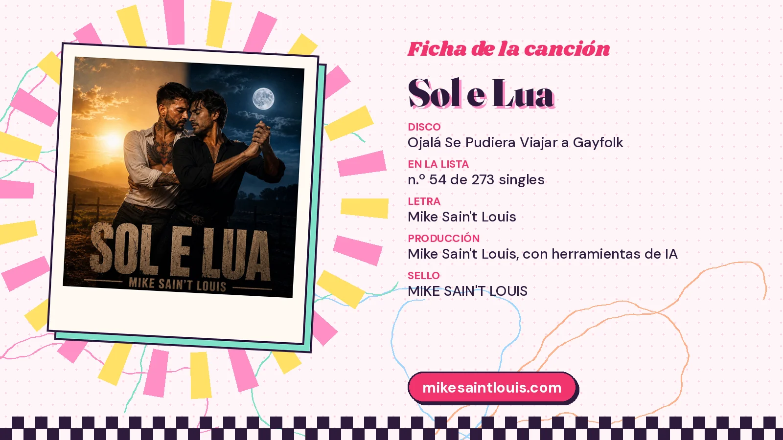 Ficha de la canción «Sol e Lua» con su carátula: disco «Ojalá Se Pudiera Viajar a Gayfolk», letra y producción de Mike Sain't Louis