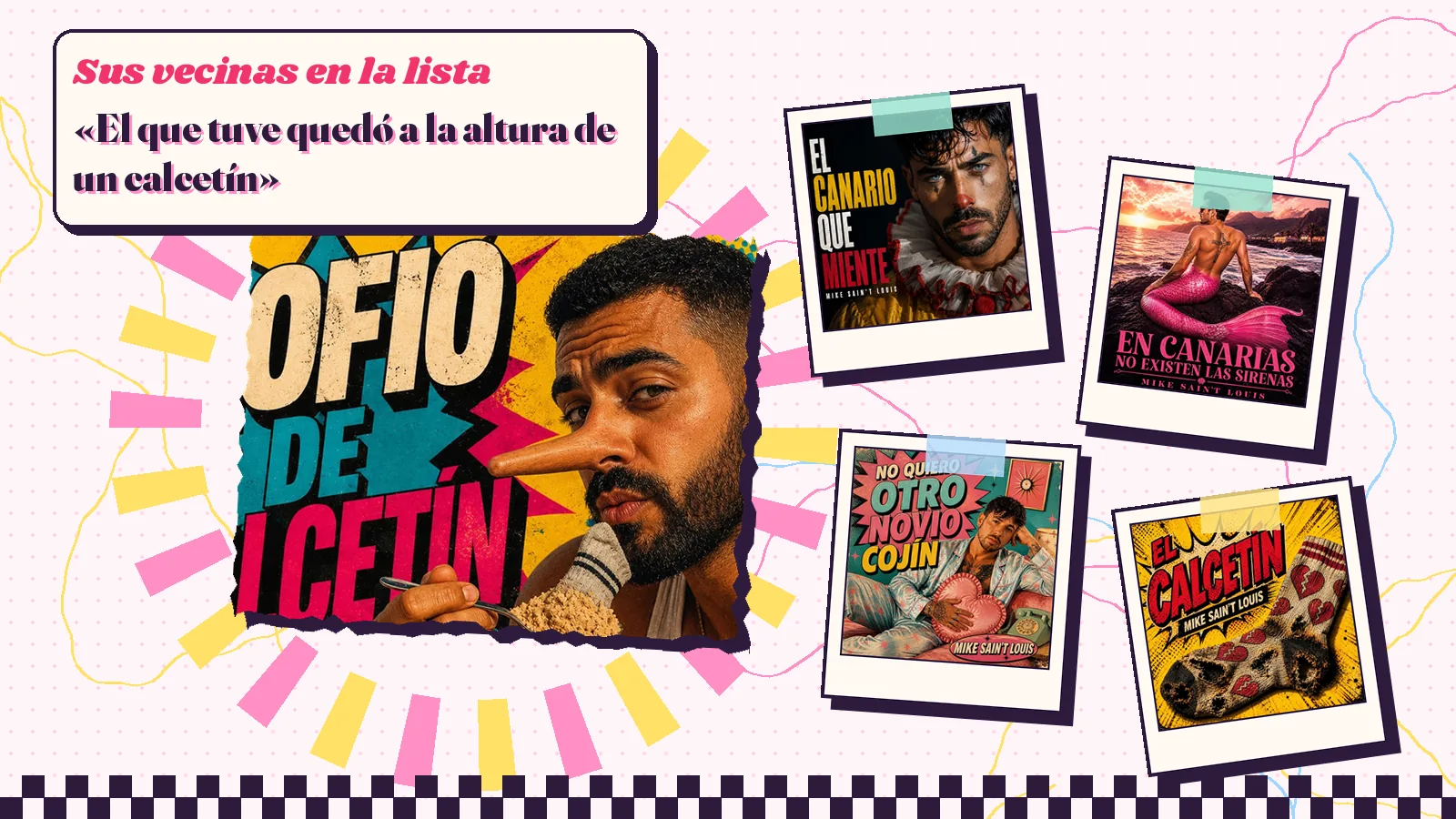 Collage con un detalle de la carátula de «Gofio De Calcetín» y las carátulas de «El canario que miente», «En Canarias no existen las sirenas», «No quiero otro novio cojín», «El CalcetíN»