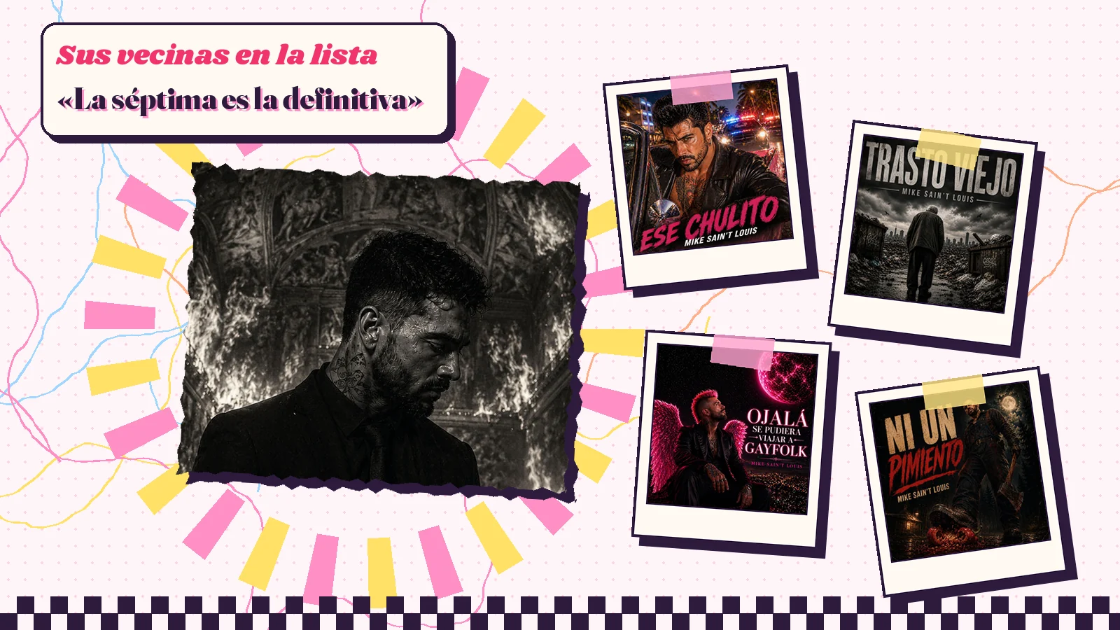 Collage with a detail of the «La de la Capilla Sixtina» cover art and the covers of «Ese Chulito», «Trasto Viejo», «Ojalá se Pudiera Viajar a Gayfolk» and «Ni Un Pimiento»