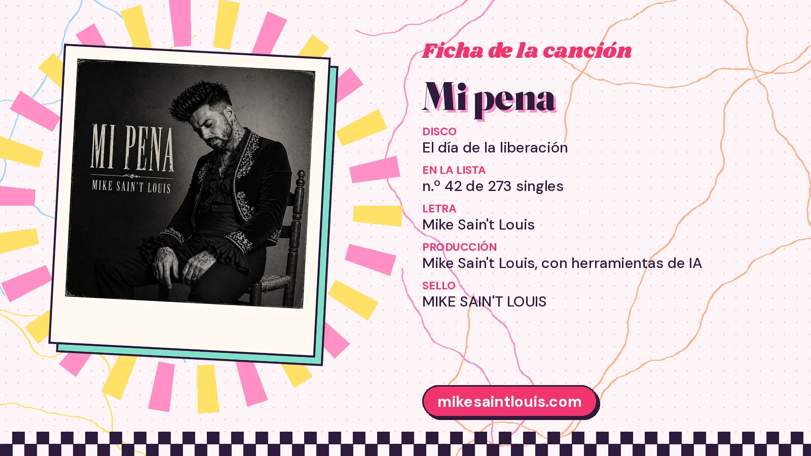 Ficha de la canción «Mi pena» con su carátula: disco «El día de la liberación», letra y producción de Mike Sain't Louis