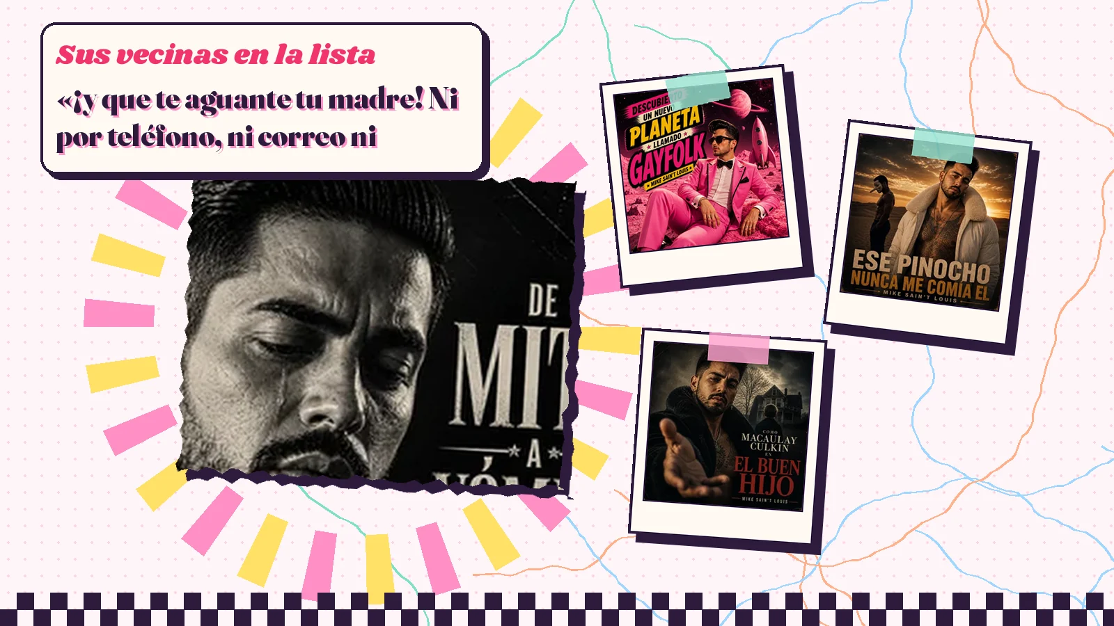 Collage with a detail of the «De mito a vómito» cover art and the covers of «Descubierto un nuevo planeta llamado Gayfolk», «Ese Pinocho nunca me comía el chocho» and «Como Macaulay Culkin en El buen hijo»