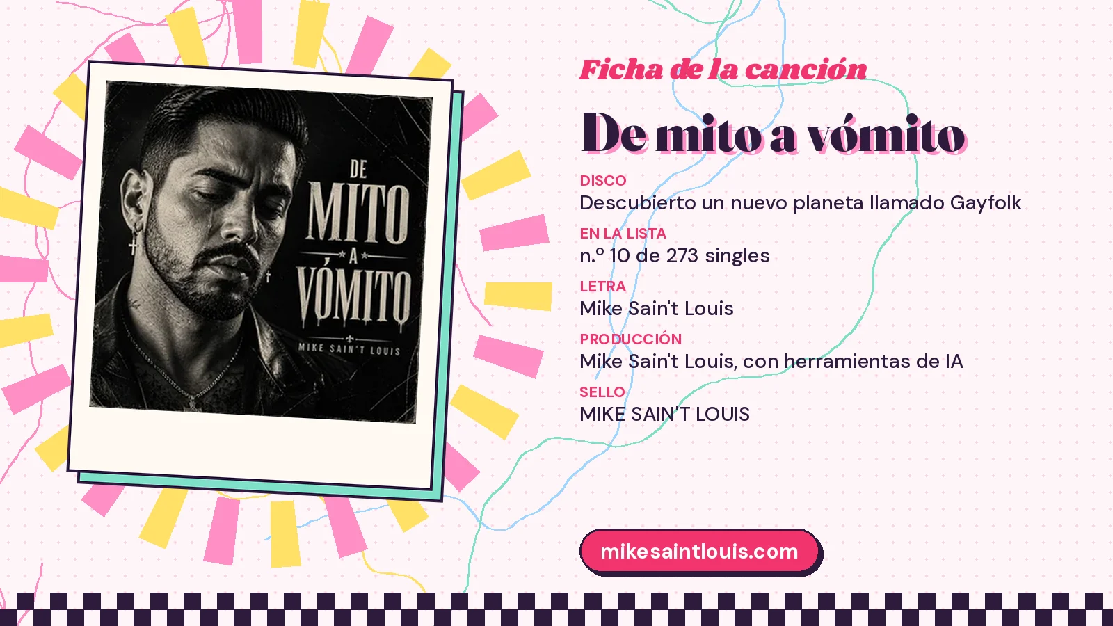 Song card for «De mito a vómito» with its cover art: from the album «Descubierto un nuevo planeta llamado Gayfolk», lyrics and production by Mike Sain't Louis