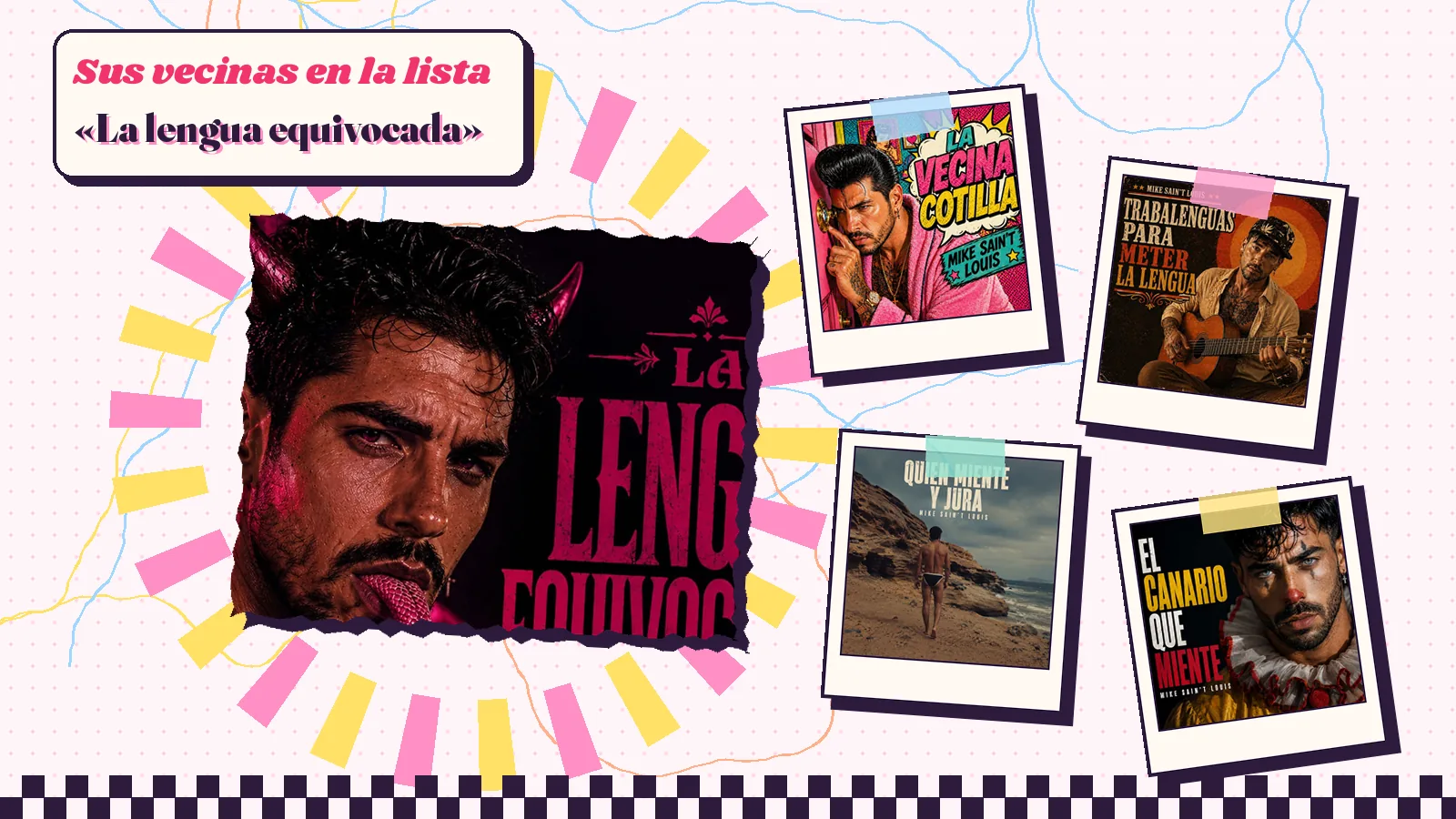 Collage con un detalle de la carátula de «La lengua equivocada» y las carátulas de «La vecina cotilla», «Trabalenguas para meter la lengua», «Quien miente y jura», «El canario que miente»