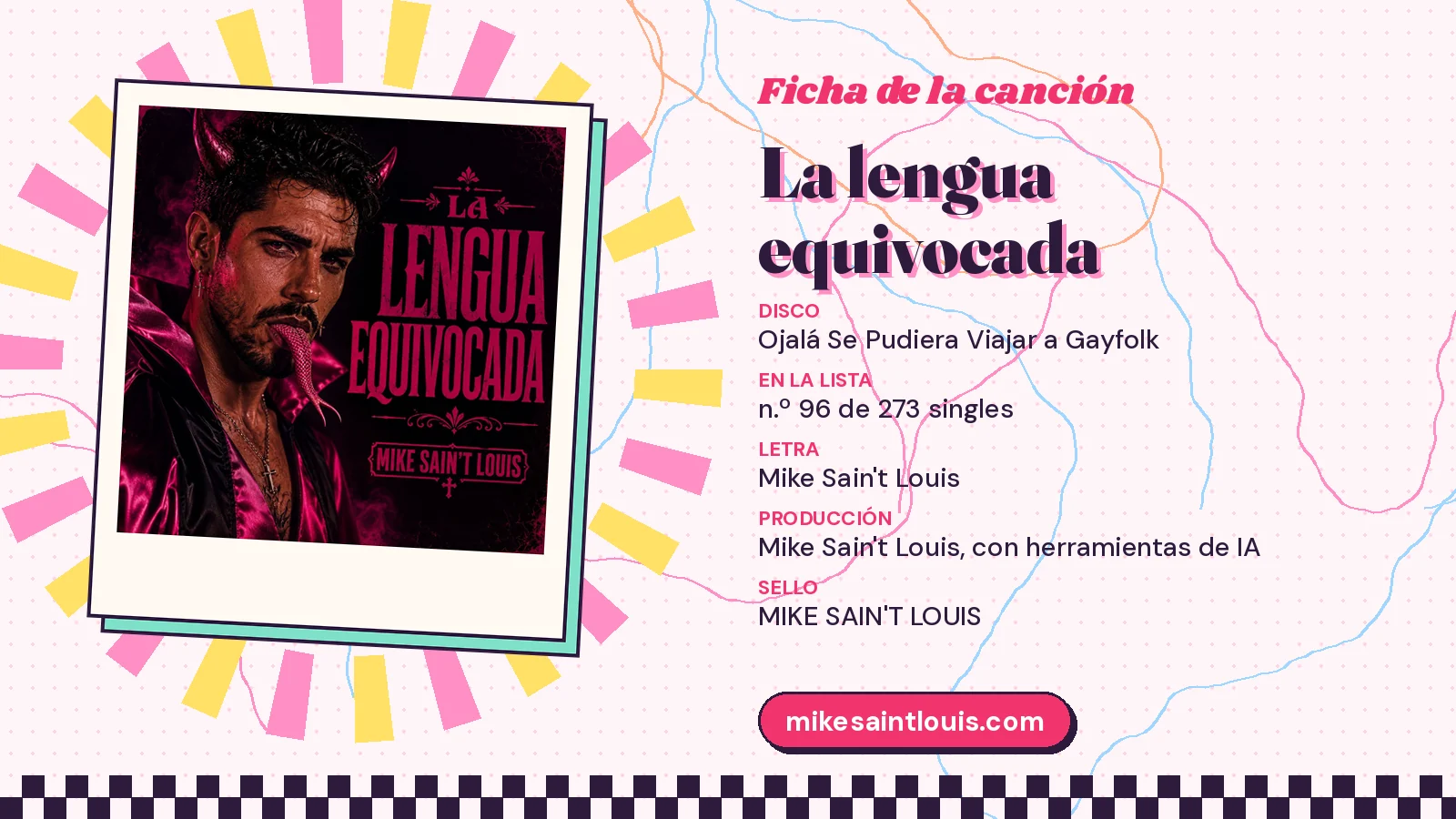Ficha de la canción «La lengua equivocada» con su carátula: disco «Ojalá Se Pudiera Viajar a Gayfolk», letra y producción de Mike Sain't Louis