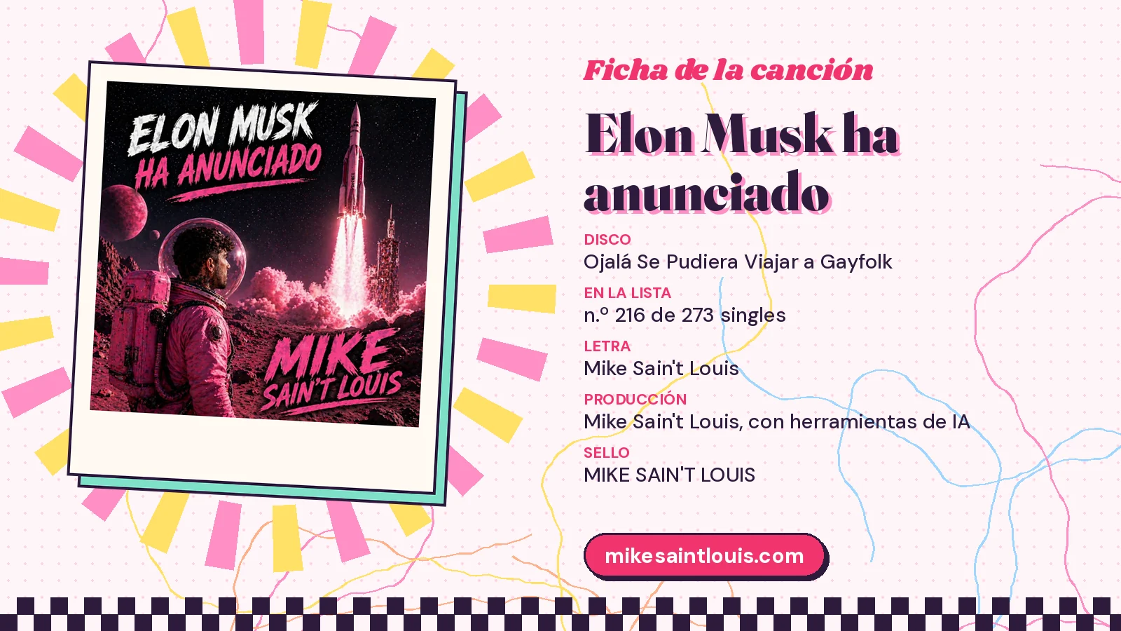 Ficha de la canción «Elon Musk ha anunciado» con su carátula: disco «Ojalá Se Pudiera Viajar a Gayfolk», letra y producción de Mike Sain't Louis