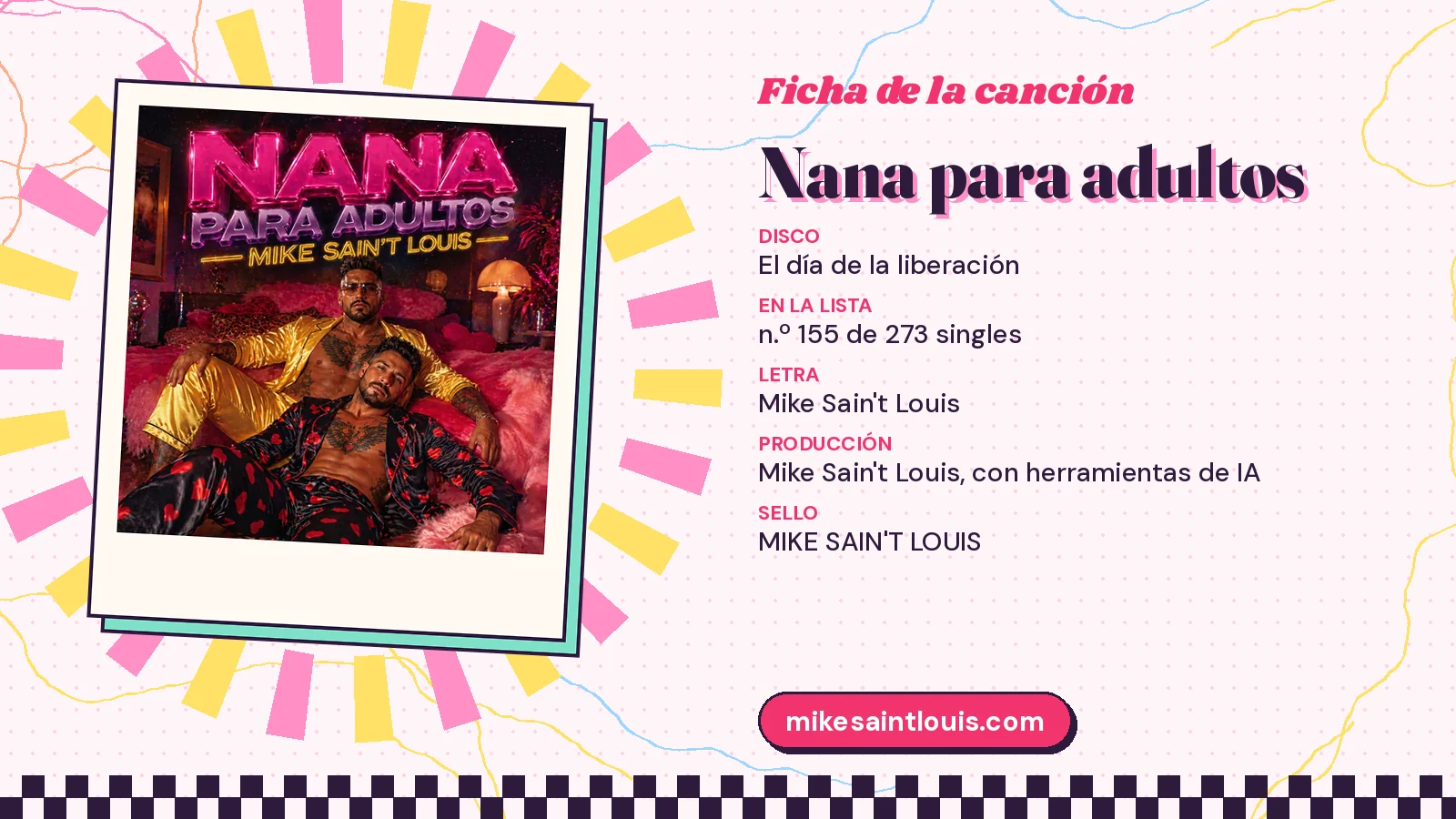 Ficha de la canción «Nana para adultos» con su carátula: disco «El día de la liberación», letra y producción de Mike Sain't Louis