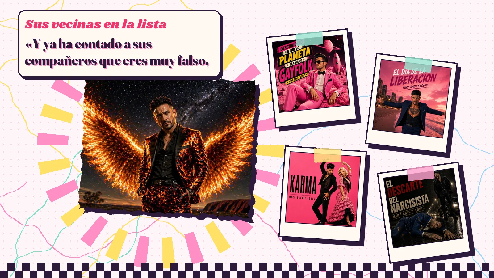 Collage con un detalle de la carátula de «El narcisista» y las carátulas de «Descubierto un nuevo planeta llamado Gayfolk», «El día de la liberación», «Karma», «El descarte del narcisista»