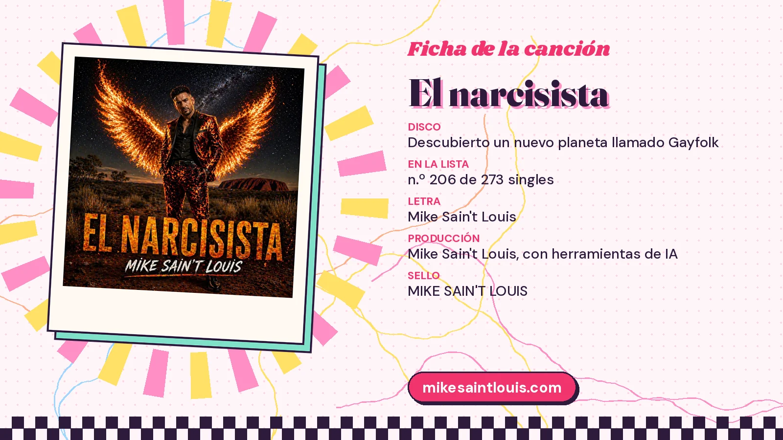 Ficha de la canción «El narcisista» con su carátula: disco «Descubierto un nuevo planeta llamado Gayfolk», letra y producción de Mike Sain't Louis