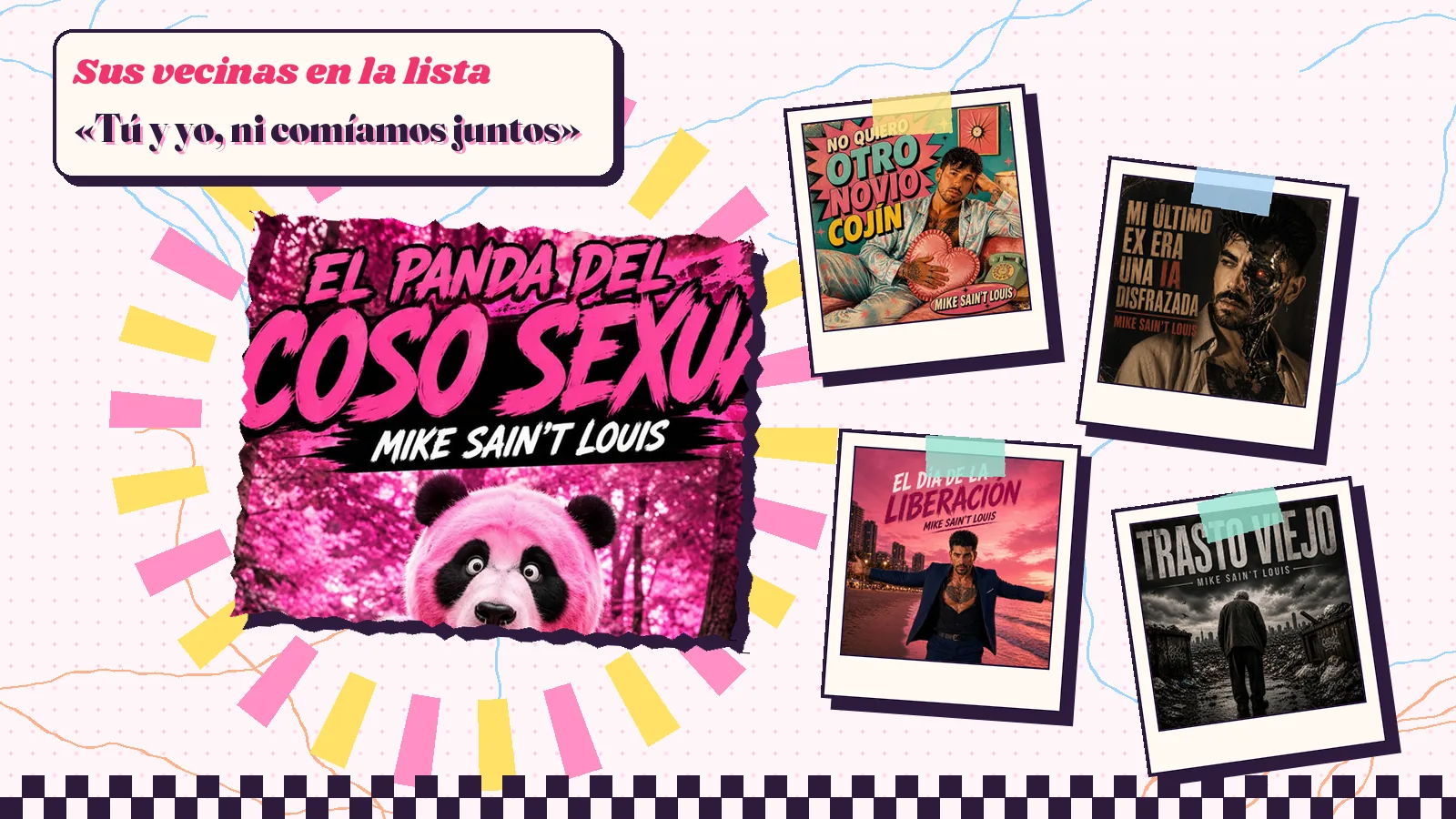 Collage con un detalle de la carátula de «El Panda del acoso sexual» y las carátulas de «No Quiero Otro Novio Cojín», «Mi último ex era una IA disfrazada», «El Día de la Liberación», «Trasto Viejo»