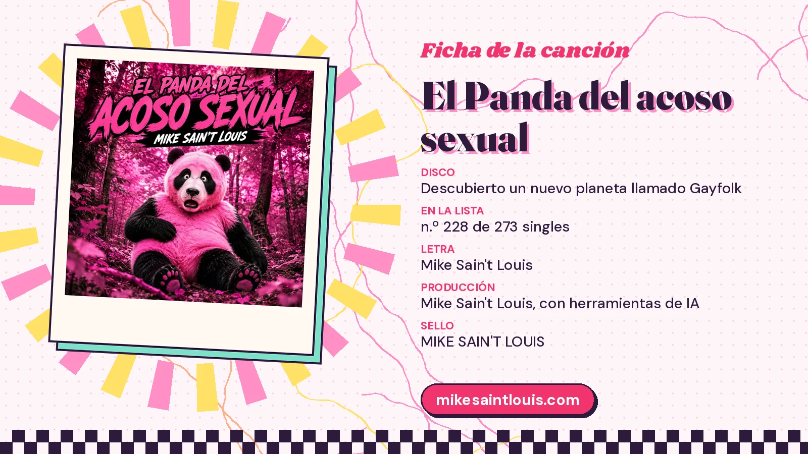 Ficha de la canción «El Panda del acoso sexual» con su carátula: disco «Descubierto un nuevo planeta llamado Gayfolk», letra y producción de Mike Sain't Louis