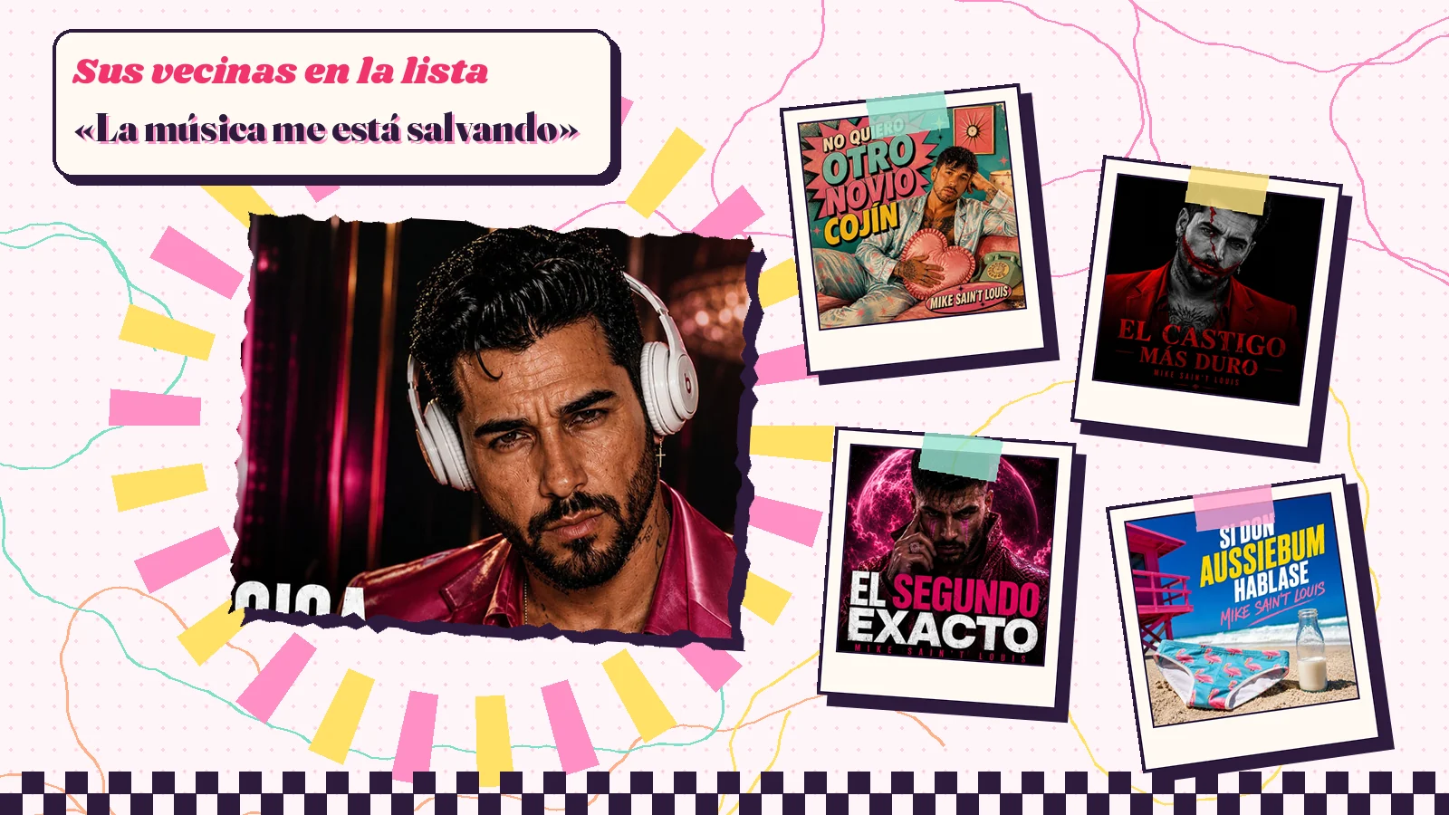 Collage with a detail of the «La música me está salvando» cover art and the covers of «No quiero otro novio cojín», «El castigo más duro», «El segundo exacto» and «Si Don AussieBum hablase»