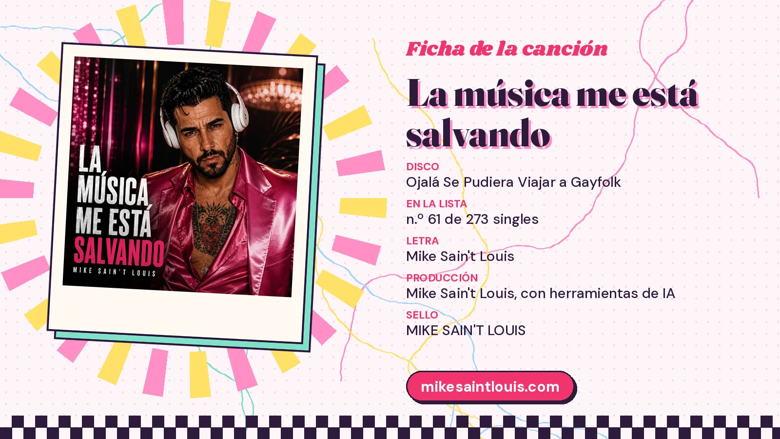 Song card for «La música me está salvando» with its cover art: from the album «Ojalá Se Pudiera Viajar a Gayfolk», lyrics and production by Mike Sain't Louis