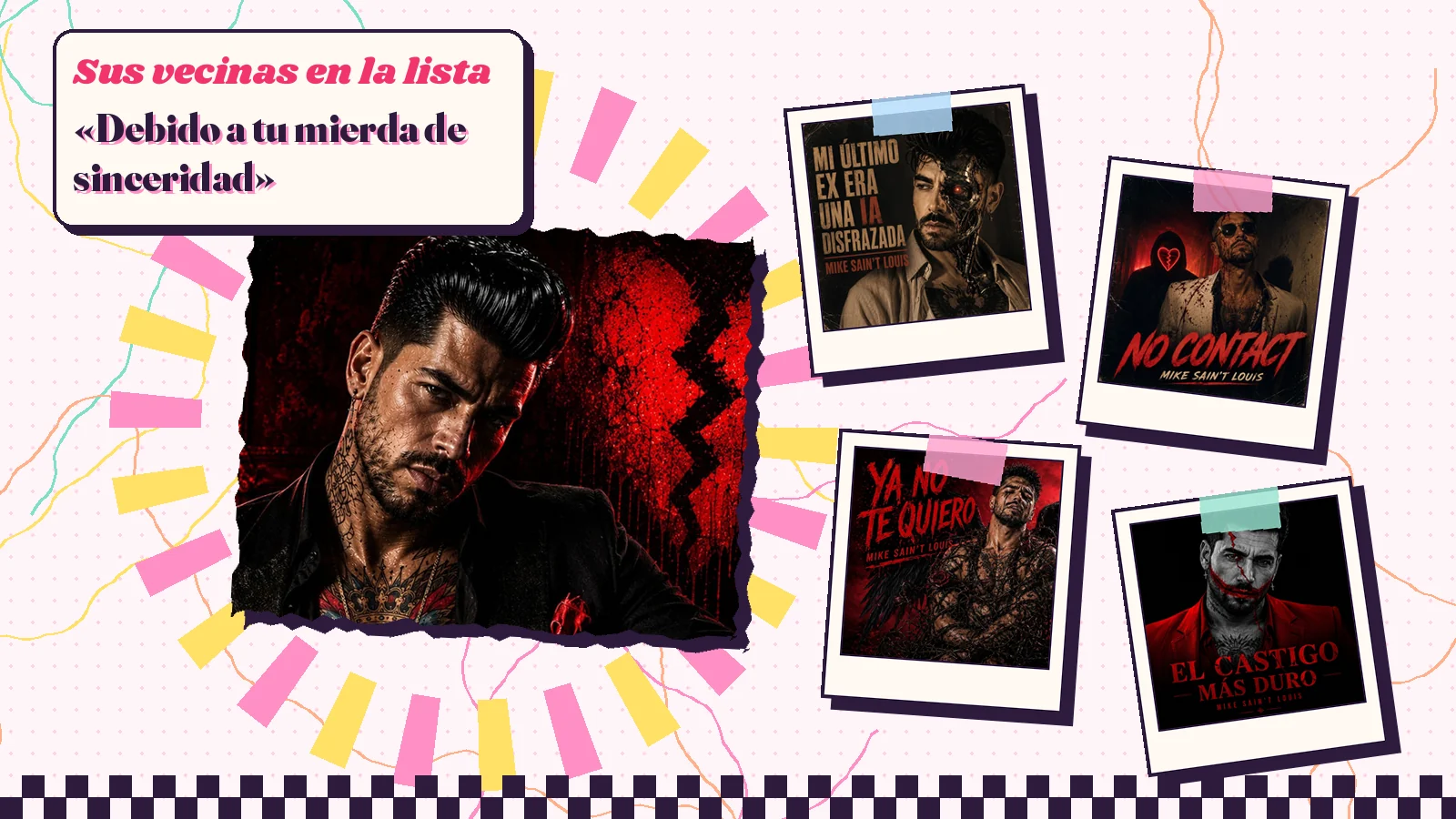 Collage con un detalle de la carátula de «Andrés» y las carátulas de «Mi último ex era una IA disfrazada», «No contact», «Ya no te quiero», «El castigo más duro»