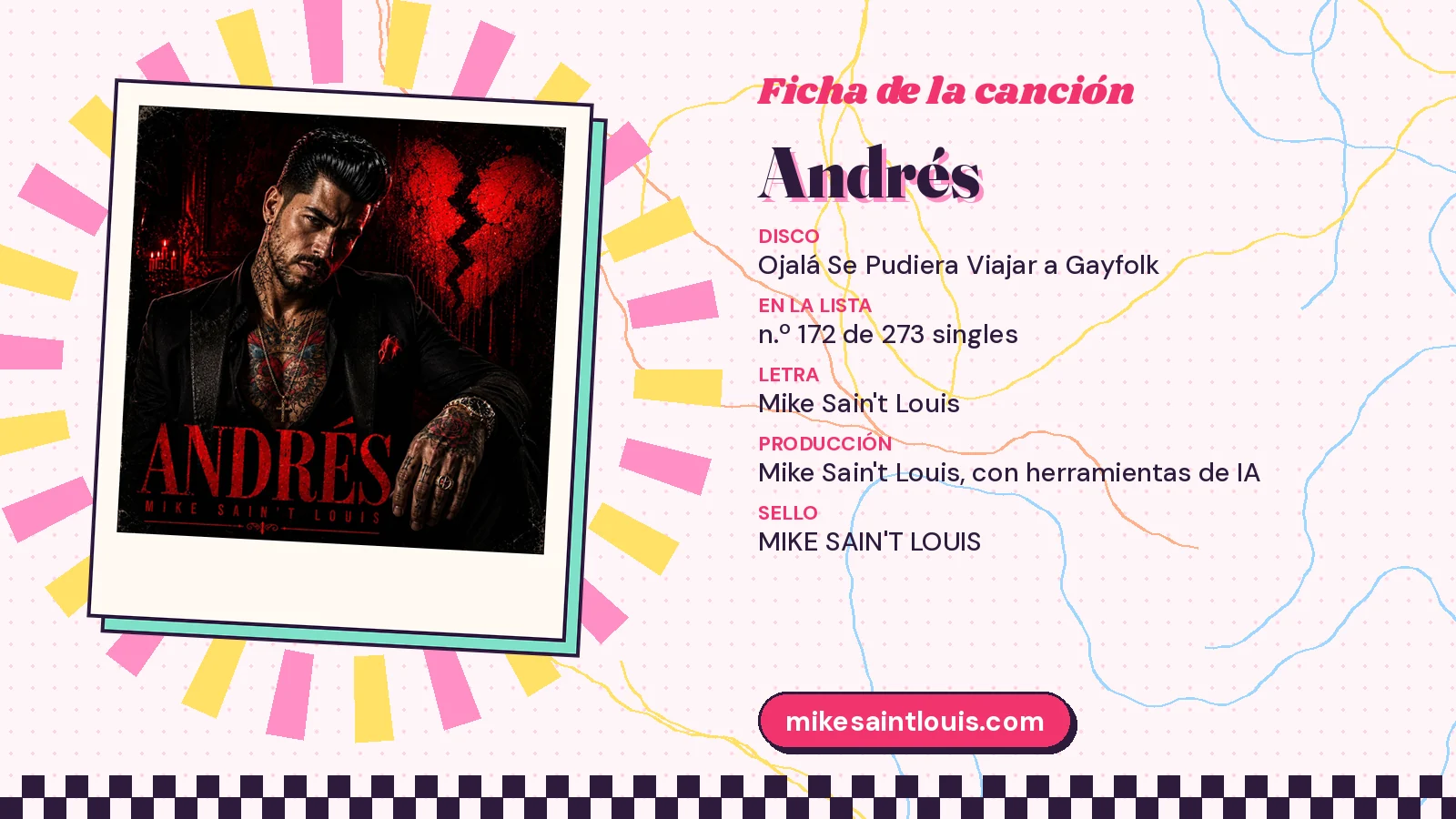 Ficha de la canción «Andrés» con su carátula: disco «Ojalá Se Pudiera Viajar a Gayfolk», letra y producción de Mike Sain't Louis
