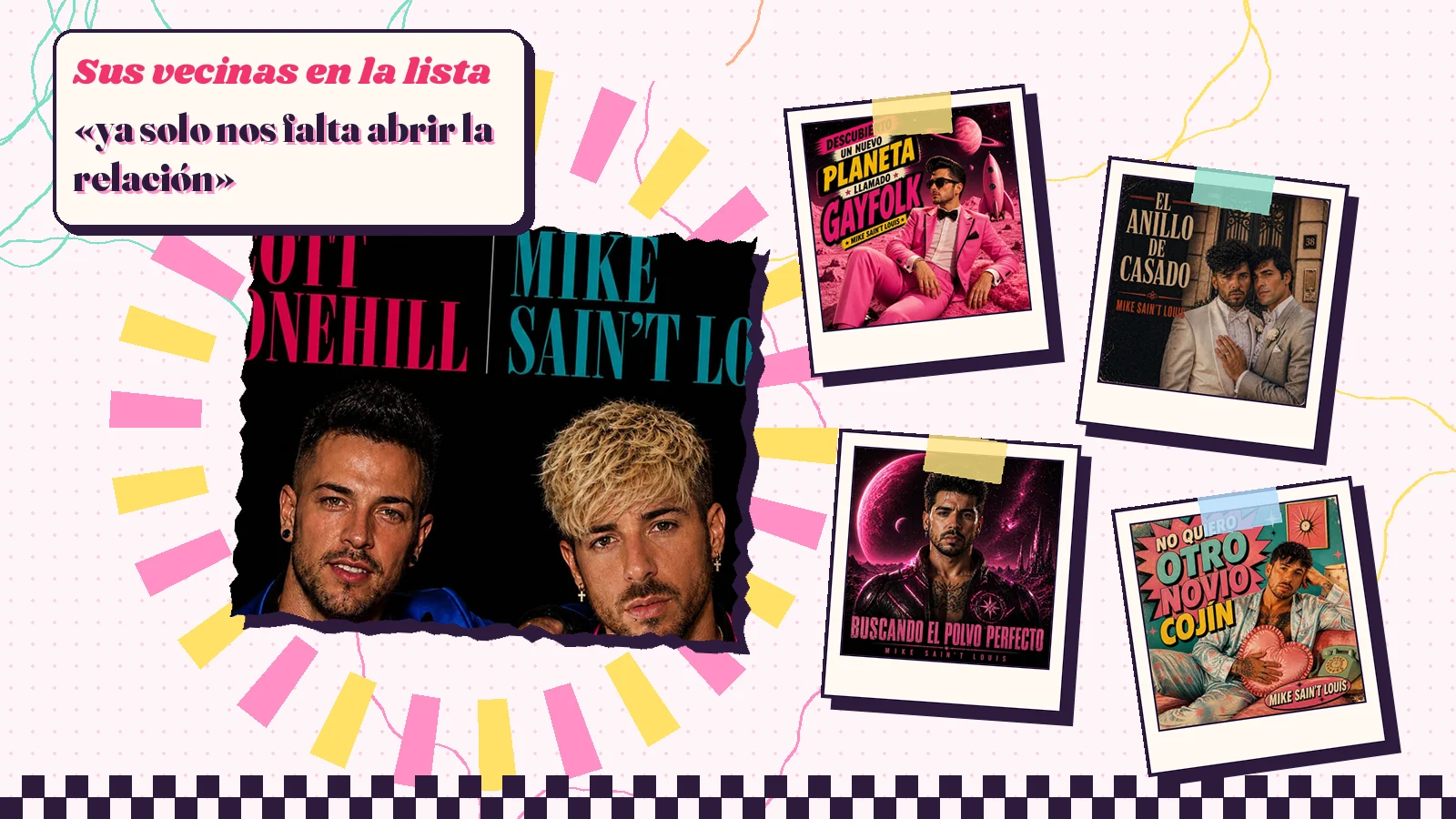 Collage con un detalle de la carátula de «Scott Bonehill» y las carátulas de «Descubierto un nuevo planeta llamado Gayfolk», «El Anillo de Casado», «Buscando el Polvo Perfecto», «No Quiero Otro Novio Cojín»