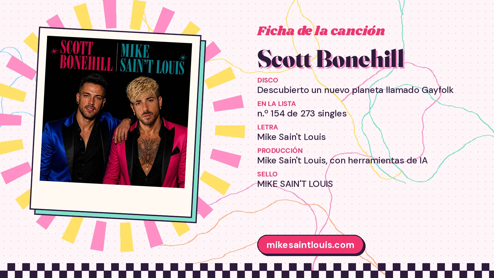 Ficha de la canción «Scott Bonehill» con su carátula: disco «Descubierto un nuevo planeta llamado Gayfolk», letra y producción de Mike Sain't Louis