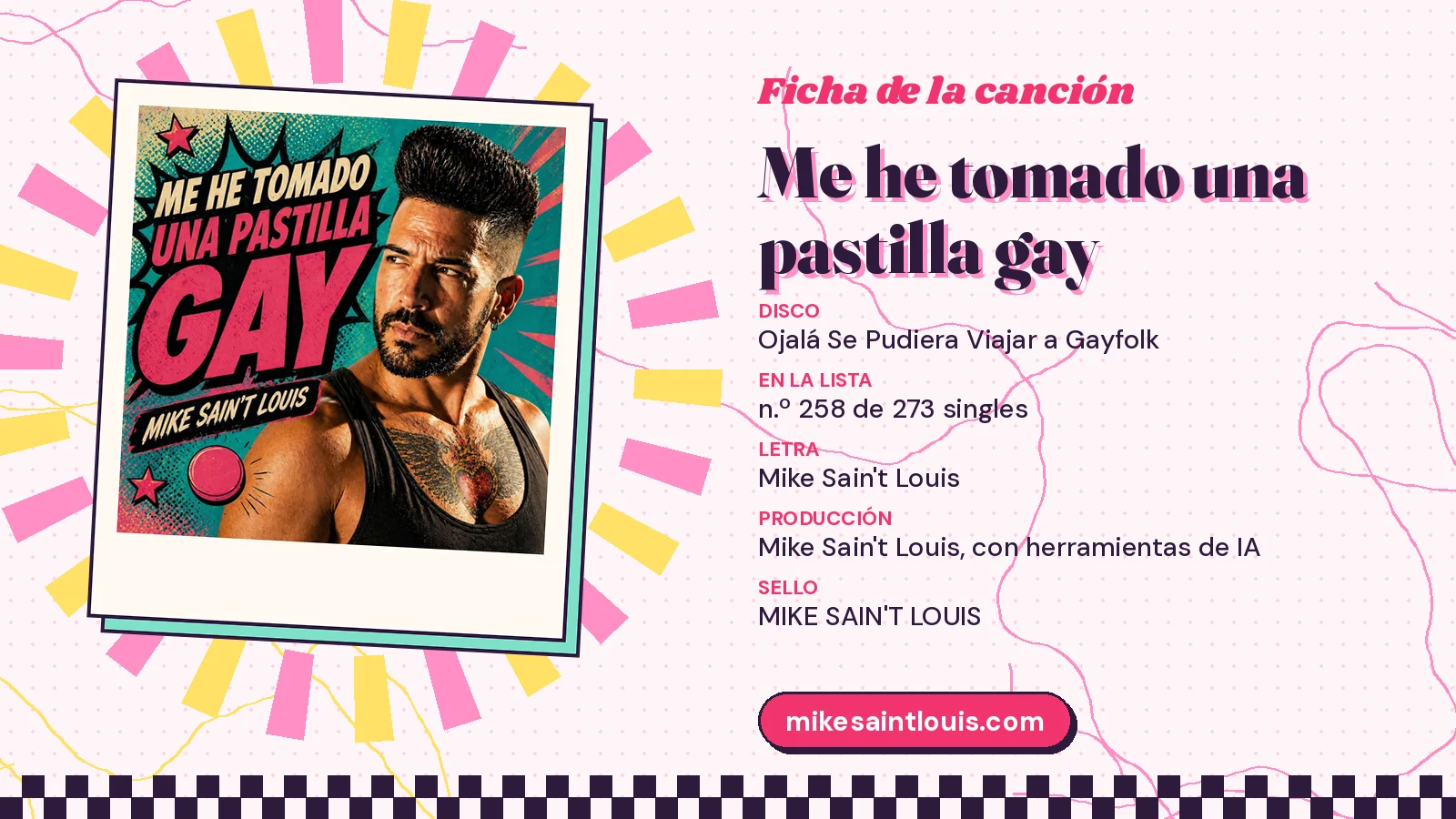 Ficha de la canción «Me he tomado una pastilla gay» con su carátula: disco «Ojalá Se Pudiera Viajar a Gayfolk», letra y producción de Mike Sain't Louis