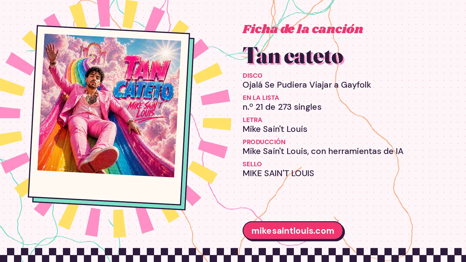 Ficha de la canción «Tan cateto» con su carátula: disco «Ojalá Se Pudiera Viajar a Gayfolk», letra y producción de Mike Sain't Louis