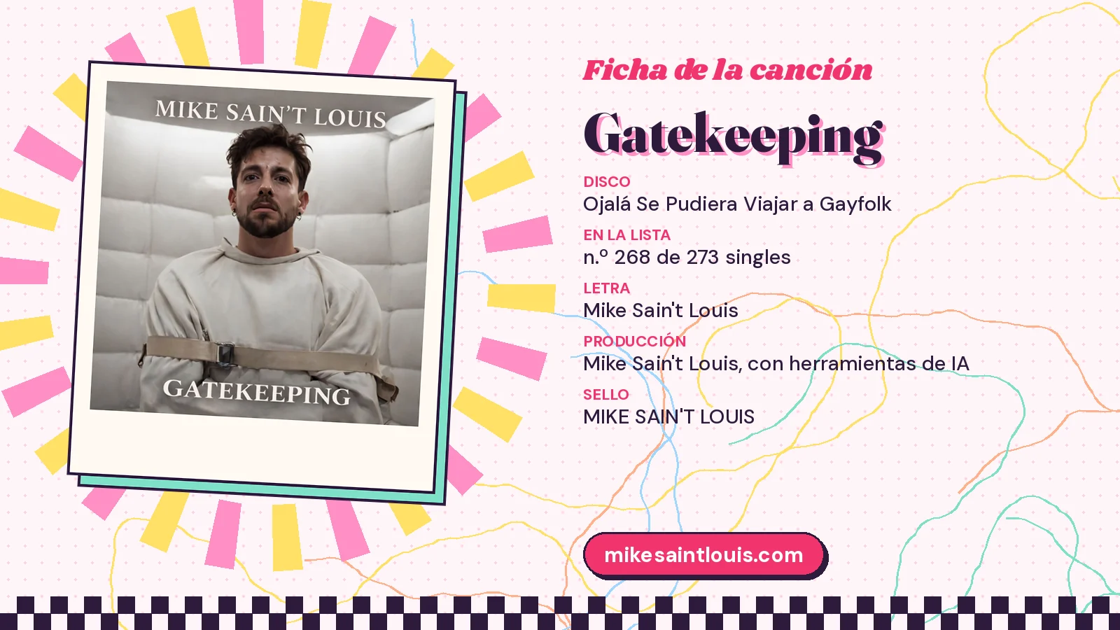 Ficha de la canción «Gatekeeping» con su carátula: disco «Ojalá Se Pudiera Viajar a Gayfolk», letra y producción de Mike Sain't Louis