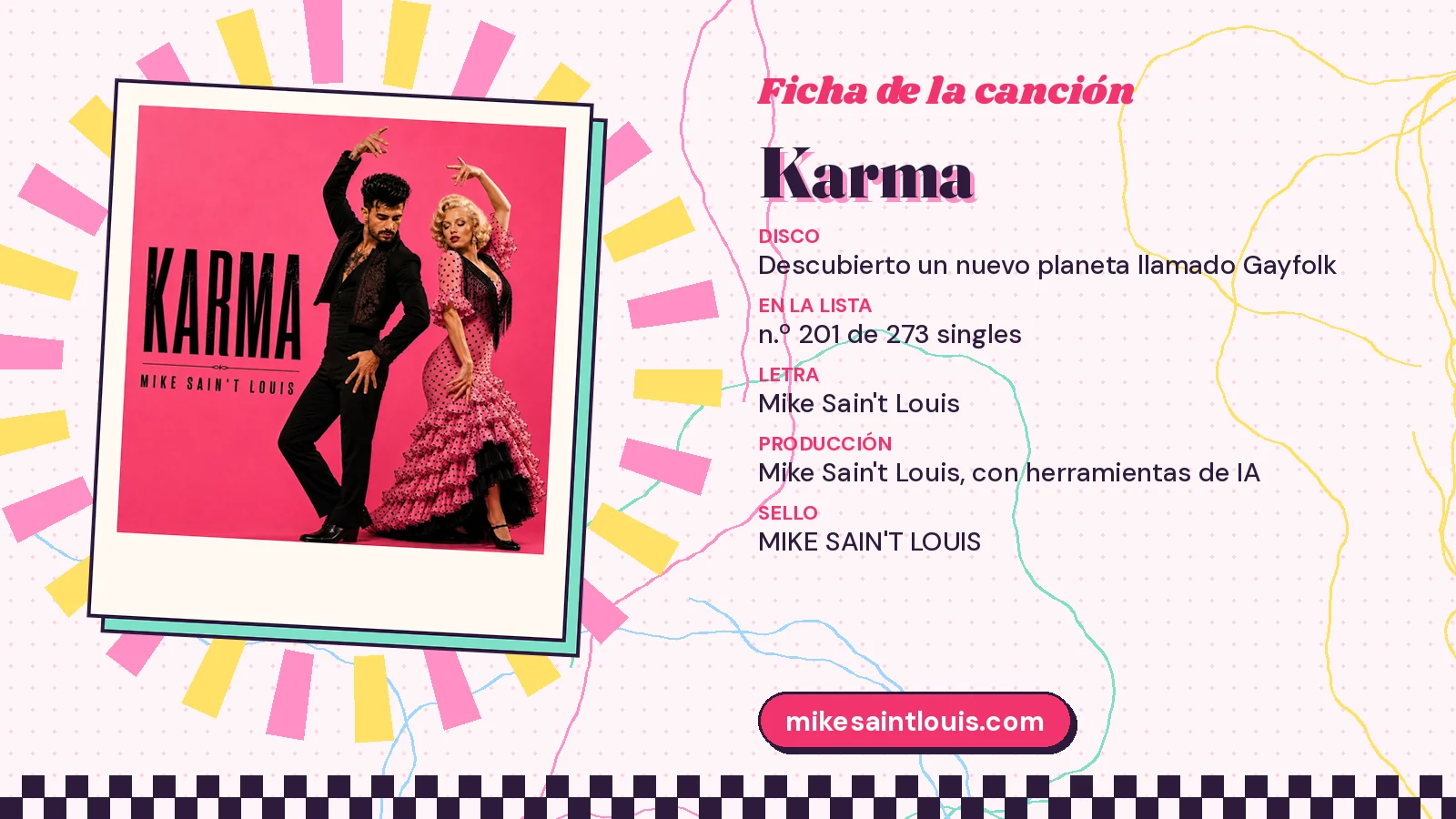 Ficha de la canción «Karma» con su carátula: disco «Descubierto un nuevo planeta llamado Gayfolk», letra y producción de Mike Sain't Louis