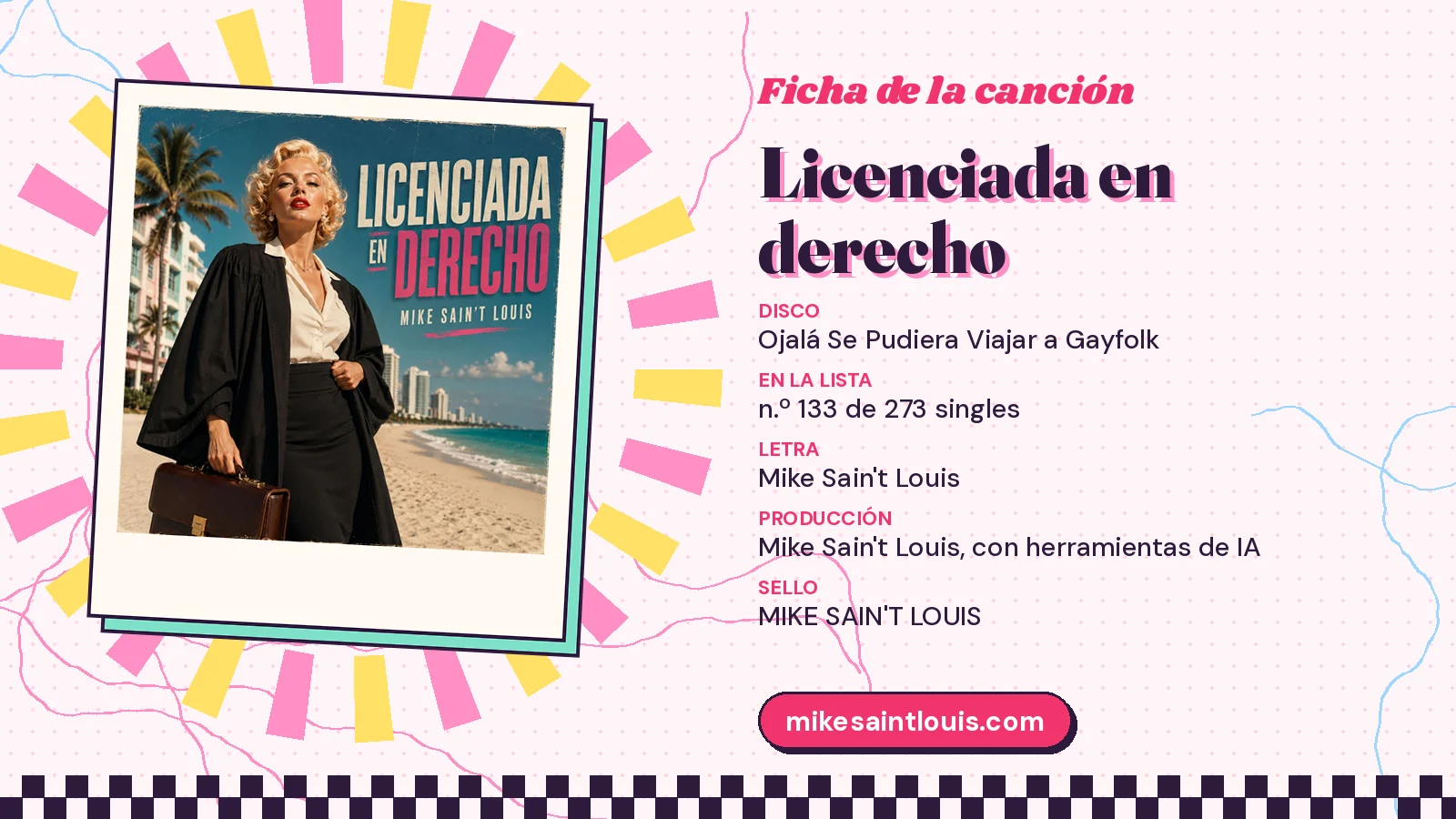 Ficha de la canción «Licenciada en derecho» con su carátula: disco «Ojalá Se Pudiera Viajar a Gayfolk», letra y producción de Mike Sain't Louis