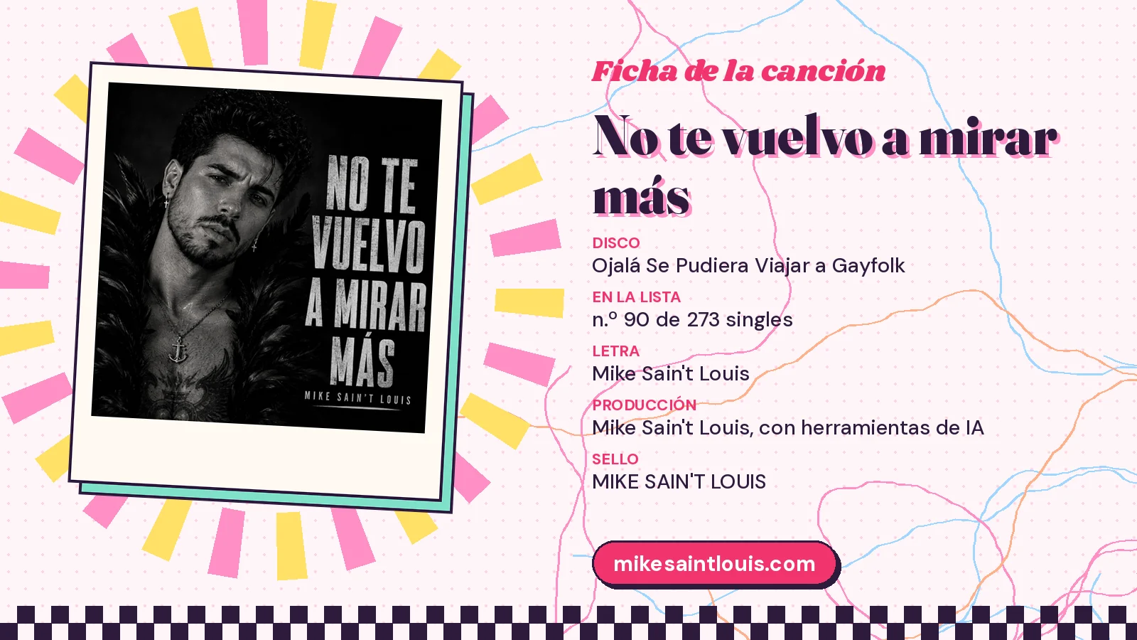 Ficha de la canción «No te vuelvo a mirar más» con su carátula: disco «Ojalá Se Pudiera Viajar a Gayfolk», letra y producción de Mike Sain't Louis
