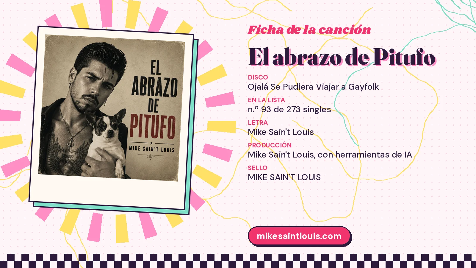 Ficha de la canción «El abrazo de Pitufo» con su carátula: disco «Ojalá Se Pudiera Viajar a Gayfolk», letra y producción de Mike Sain't Louis