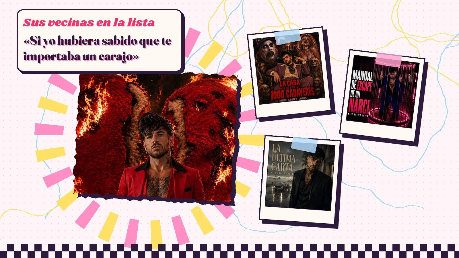Collage con un detalle de la carátula de «Al fuego» y las carátulas de «La casa de los mil cadáveres», «Manual de escape de un narci», «La última carta»