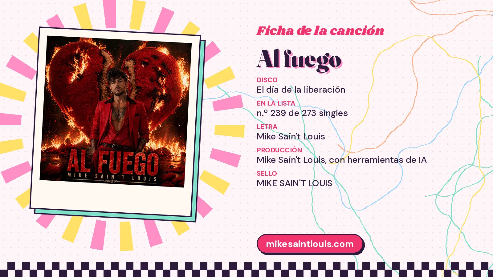Ficha de la canción «Al fuego» con su carátula: disco «El día de la liberación», letra y producción de Mike Sain't Louis
