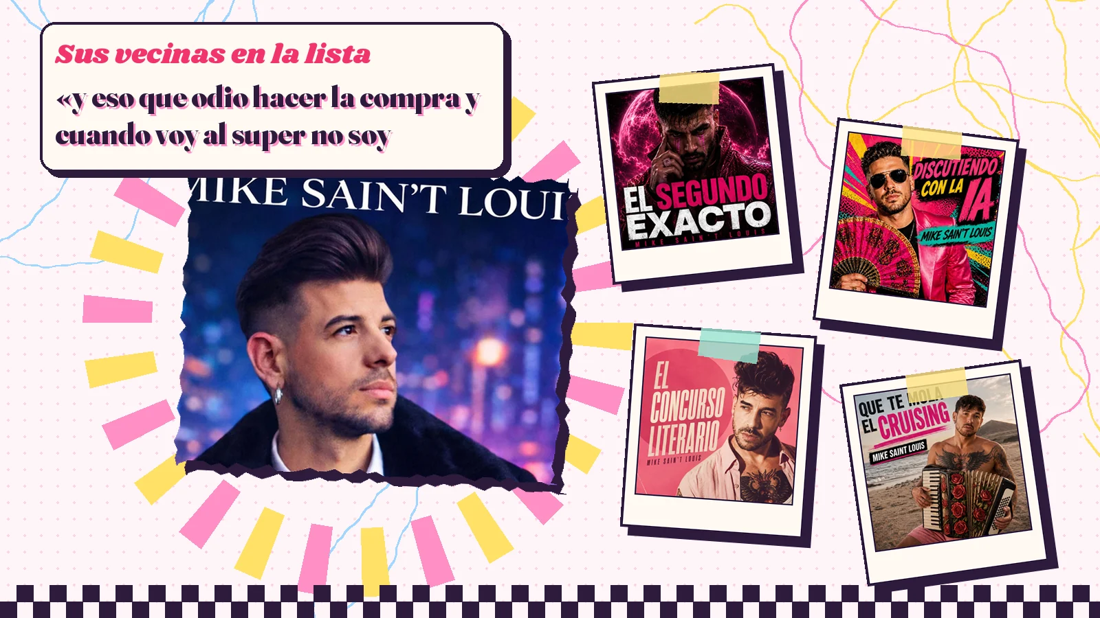 Collage with a detail of the «El productor de Madonna no compra en Mercadona» cover art and the covers of «El segundo exacto», «Discutiendo con la IA», «El concurso literario» and «Que te mola el cruising»