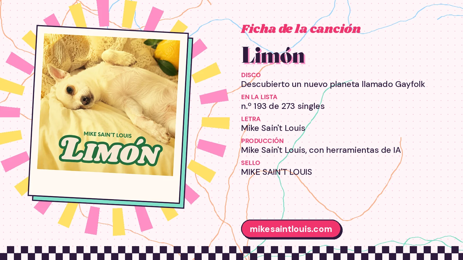 Ficha de la canción «Limón» con su carátula: disco «Descubierto un nuevo planeta llamado Gayfolk», letra y producción de Mike Sain't Louis