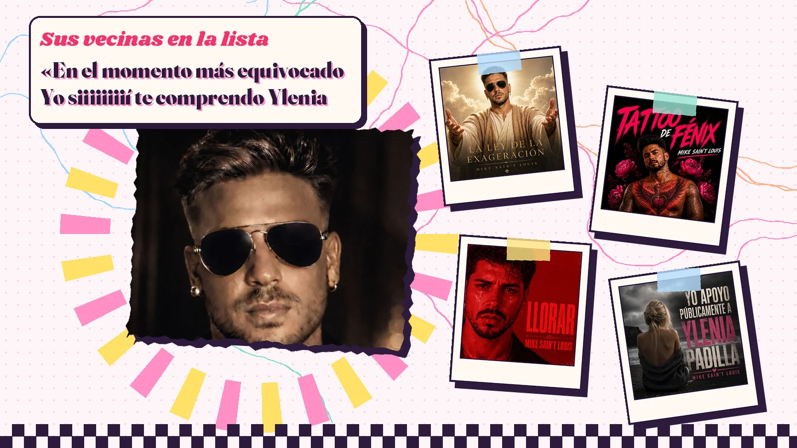 Collage with a detail of the «¿Por qué él no llora?» cover art and the covers of «La ley de la exageracion», «Tattoo de fénix», «Llorar» and «Yo apoyo públicamente a Ylenia Padilla»