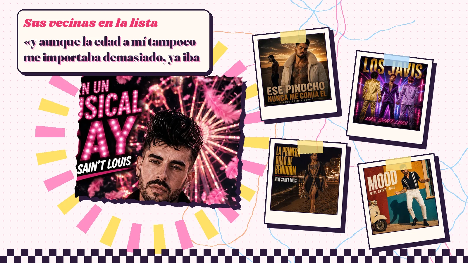 Collage con un detalle de la carátula de «En un musical gay» y las carátulas de «Ese Pinocho nunca me comía el chocho», «Los Javis», «La primera drag de Benidorm», «Mood»