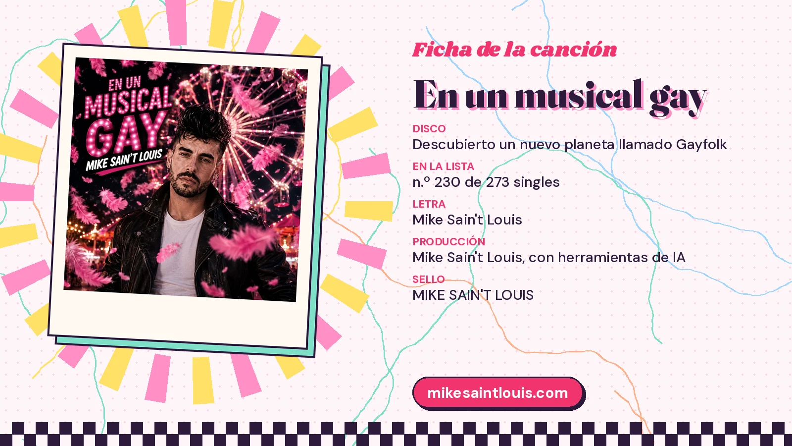 Ficha de la canción «En un musical gay» con su carátula: disco «Descubierto un nuevo planeta llamado Gayfolk», letra y producción de Mike Sain't Louis