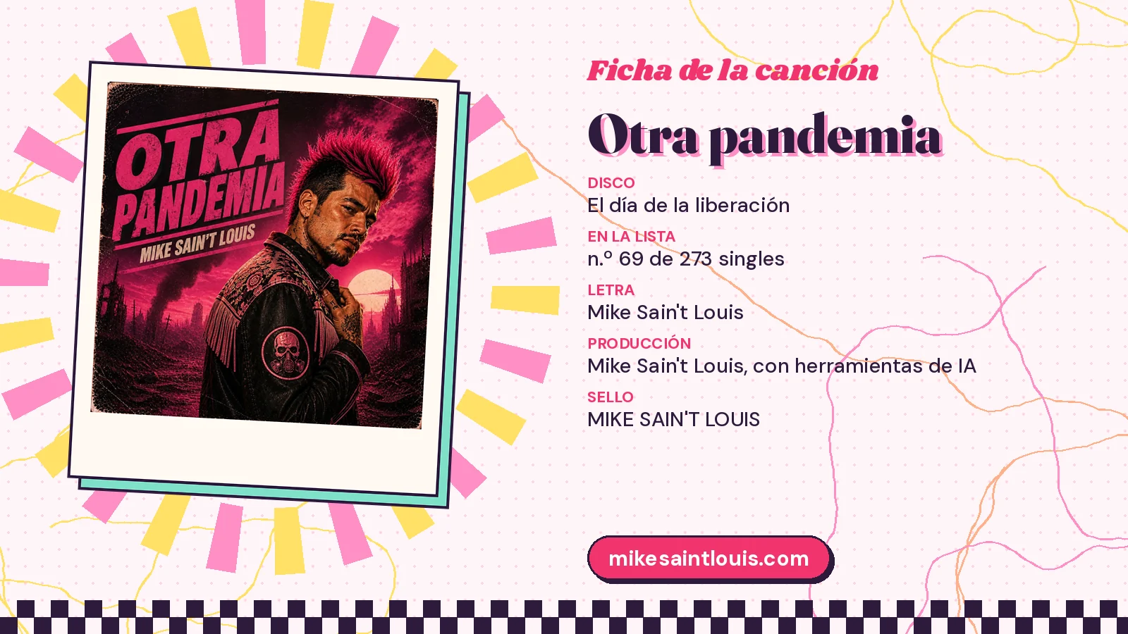 Ficha de la canción «Otra pandemia» con su carátula: disco «El día de la liberación», letra y producción de Mike Sain't Louis