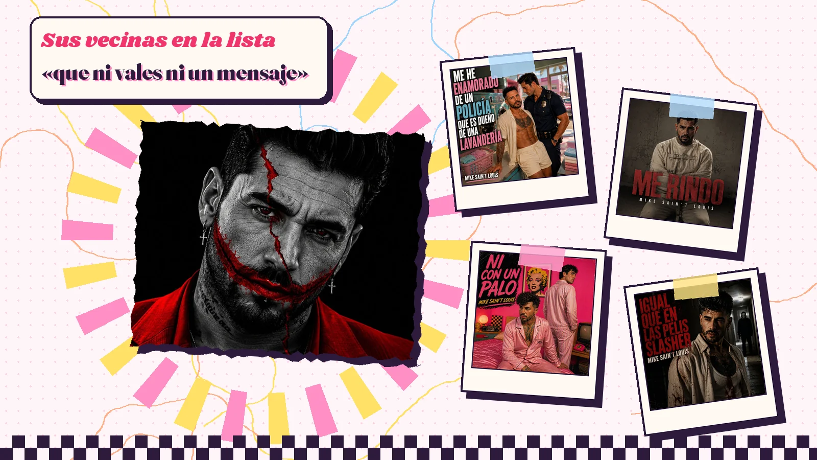 Collage with a detail of the «El castigo más duro» cover art and the covers of «Me he enamorado de un policía que es dueño de una lavandería», «Me rindo», «Ni con un palo» and «Igual que en las pelis slasher»