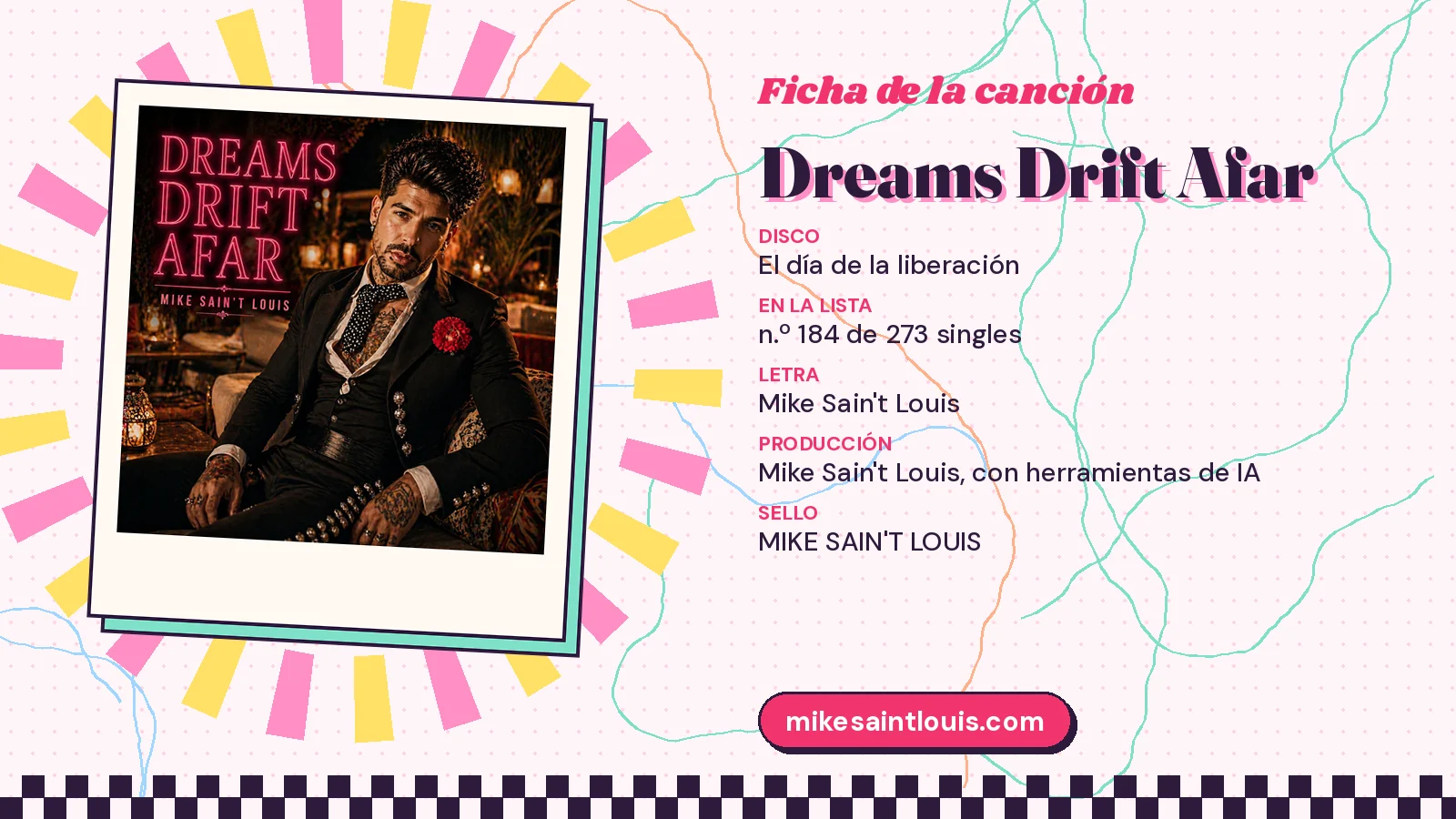 Ficha de la canción «Dreams Drift Afar» con su carátula: disco «El día de la liberación», letra y producción de Mike Sain't Louis
