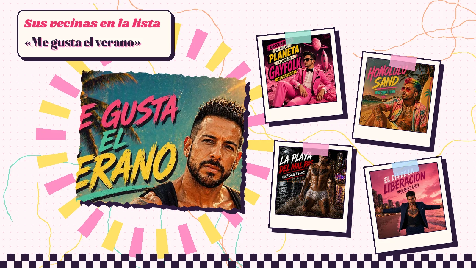 Collage con un detalle de la carátula de «Me gusta el verano» y las carátulas de «Descubierto un nuevo planeta llamado GAYFOLK», «Honolulu Sand», «La playa del Mal Pas», «El día de la liberación»