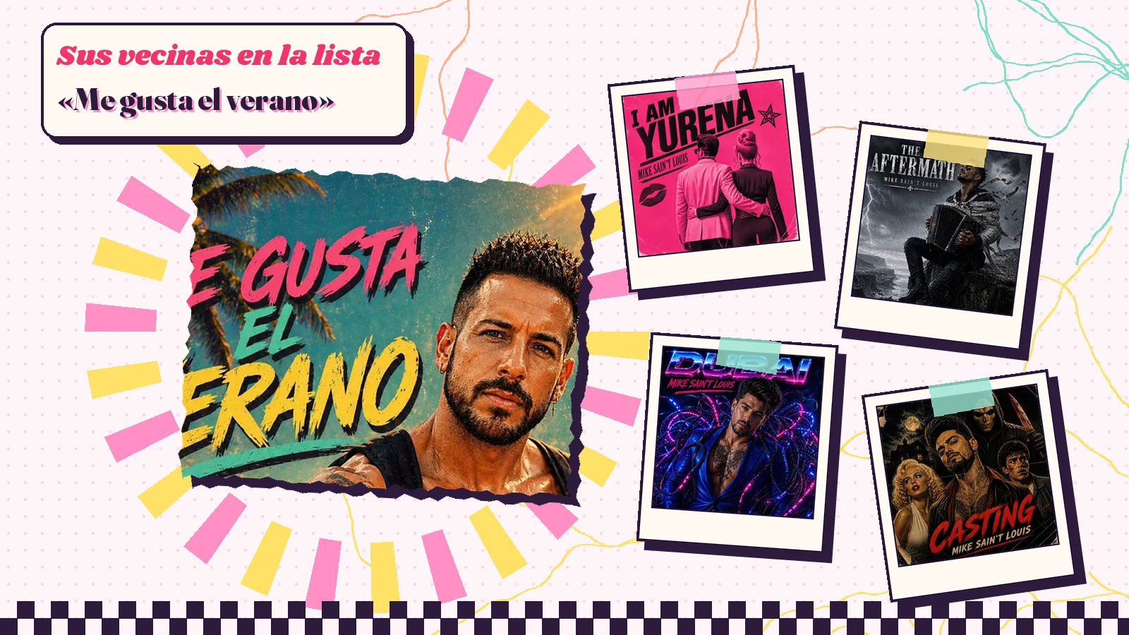 Collage con un detalle de la carátula de «Me gusta el verano» y las carátulas de «I Am Yurena», «The Aftermath», «Dubai», «Casting»