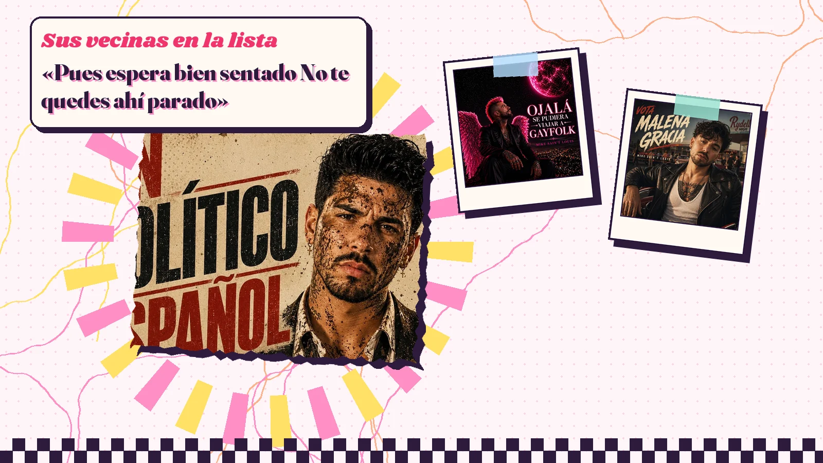 Collage con un detalle de la carátula de «UN político español» y las carátulas de «Ojalá se pudiera viajar a Gayfolk», «Vota Malena Gracia»