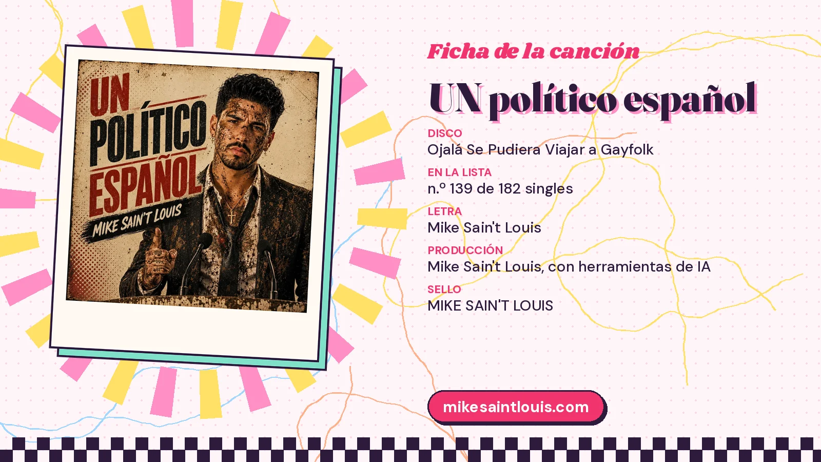 Ficha de la canción «UN político español» con su carátula: disco «Ojalá Se Pudiera Viajar a Gayfolk», letra y producción de Mike Sain't Louis
