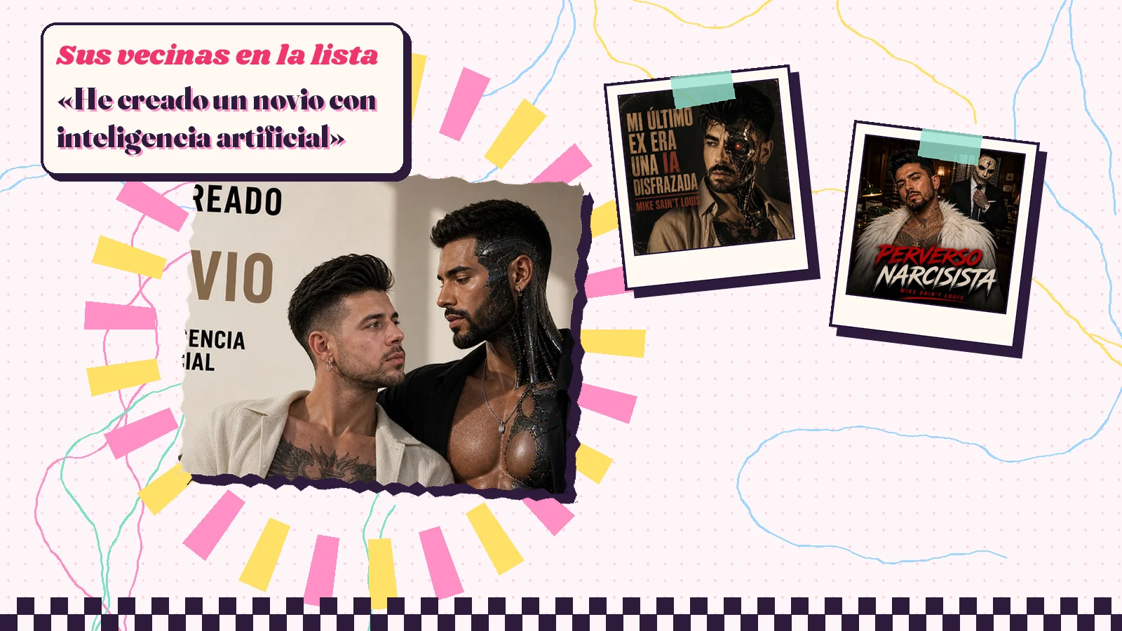Collage con un detalle de la carátula de «He creado un novio con inteligencia artificial» y las carátulas de «Mi último ex era una IA disfrazada», «Perverso Narcisista»