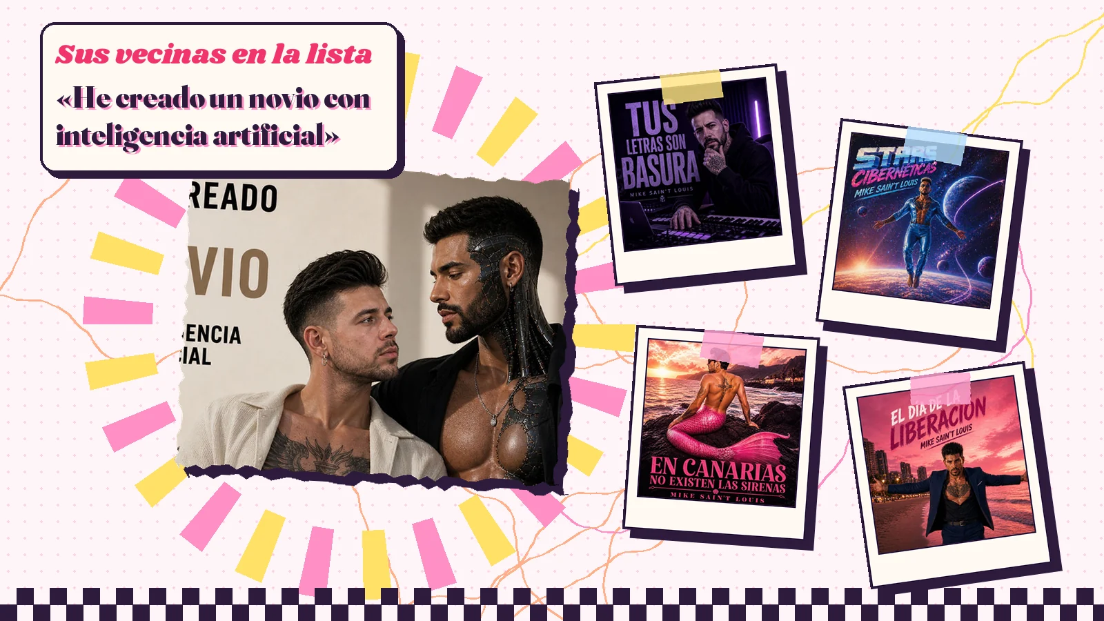 Collage con un detalle de la carátula de «He creado un novio con inteligencia artificial» y las carátulas de «Tus Letras Son Basura», «Stars cibernéticas», «En Canarias No Existen las Sirenas», «El Día de la Liberación»