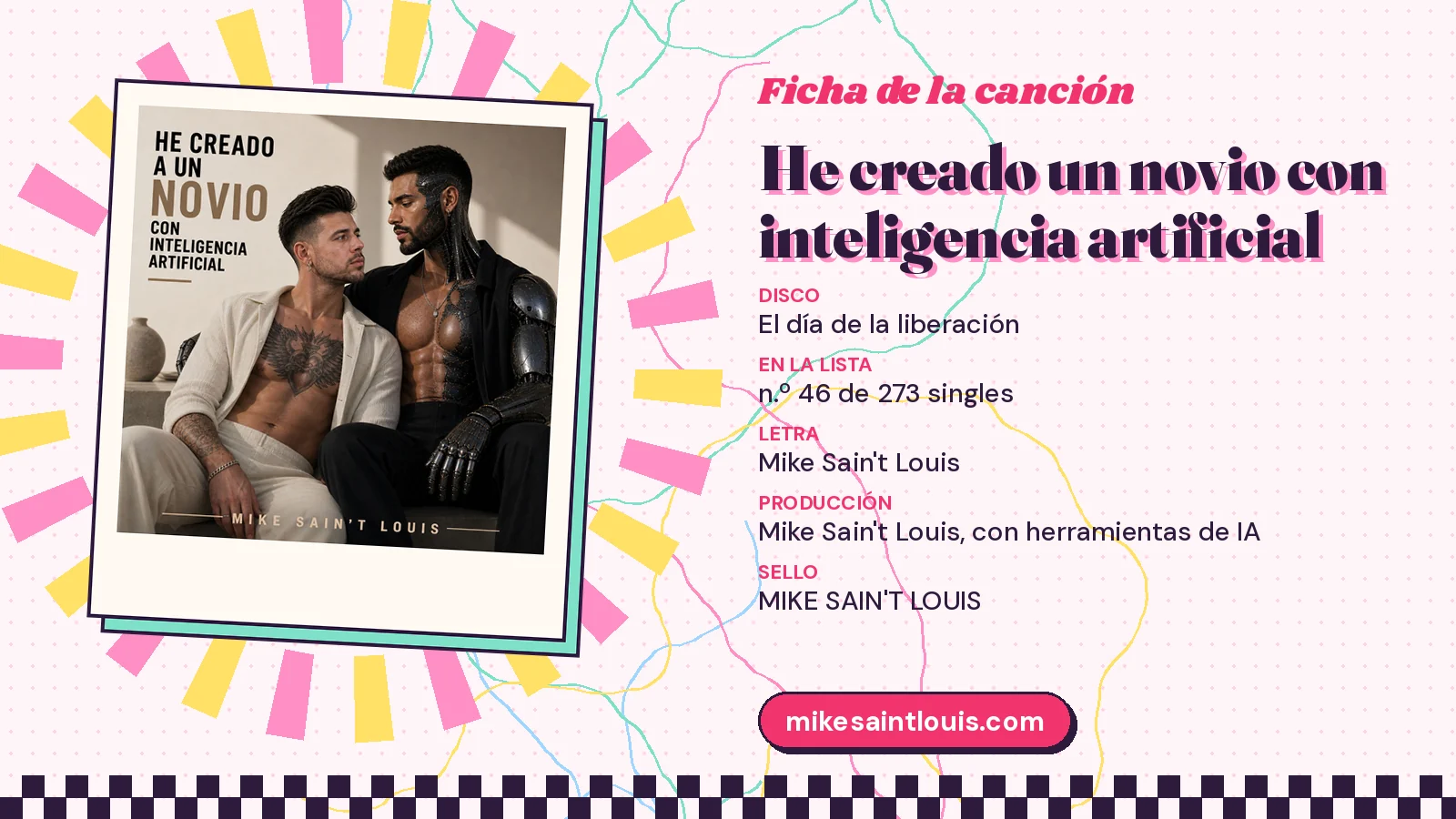Ficha de la canción «He creado un novio con inteligencia artificial» con su carátula: disco «El día de la liberación», letra y producción de Mike Sain't Louis