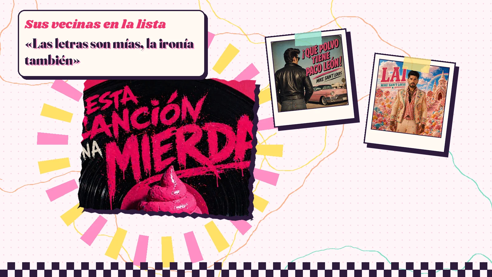 Collage with a detail of the «Esta canción es una mierda» cover art and the covers of «¡Que Polvo Tiene Paco León!» and «Lai»
