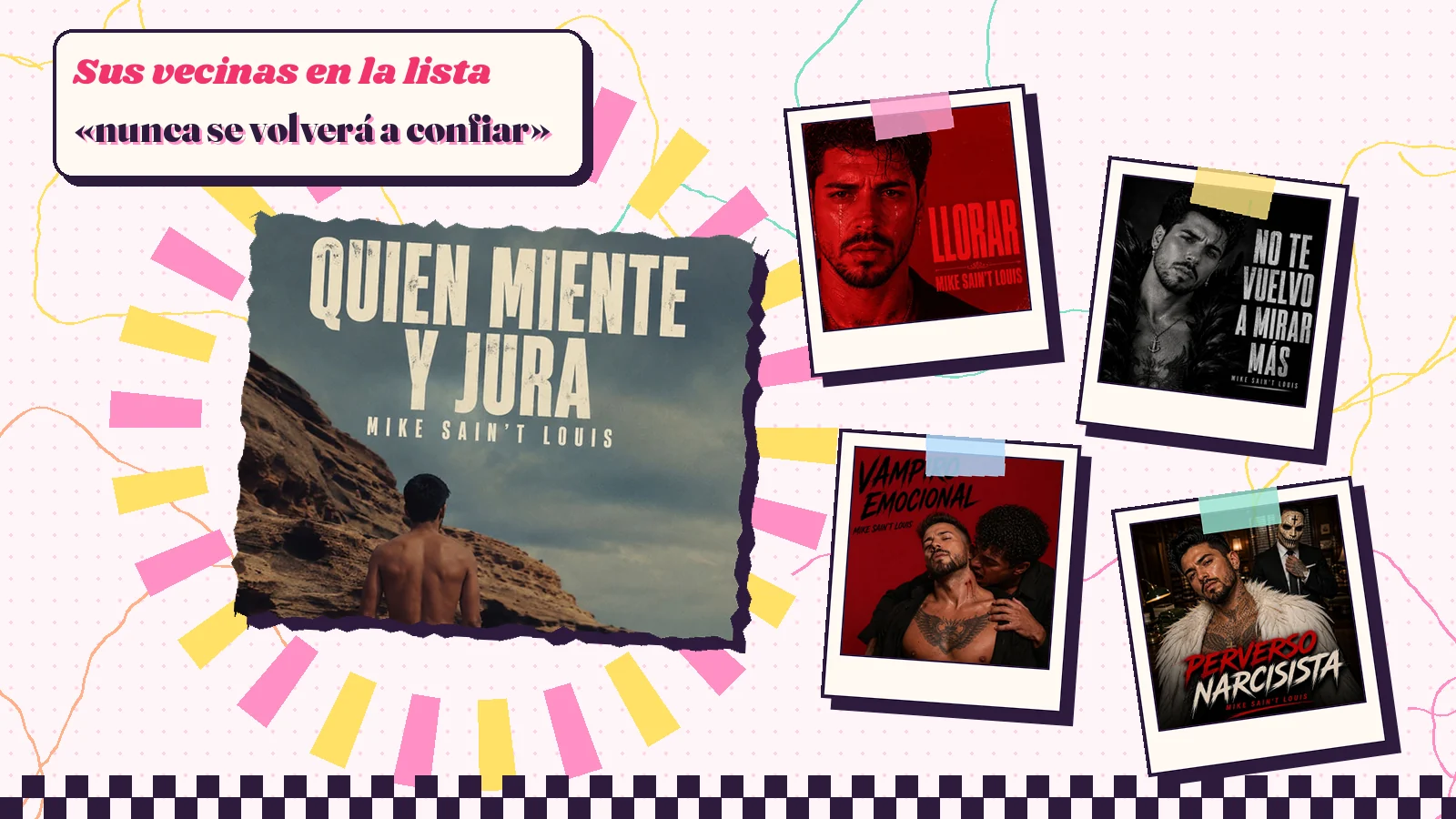 Collage with a detail of the «Quien miente y jura» cover art and the covers of «Llorar», «No te vuelvo a mirar más», «Vampiro emocional» and «Perverso narcisista»