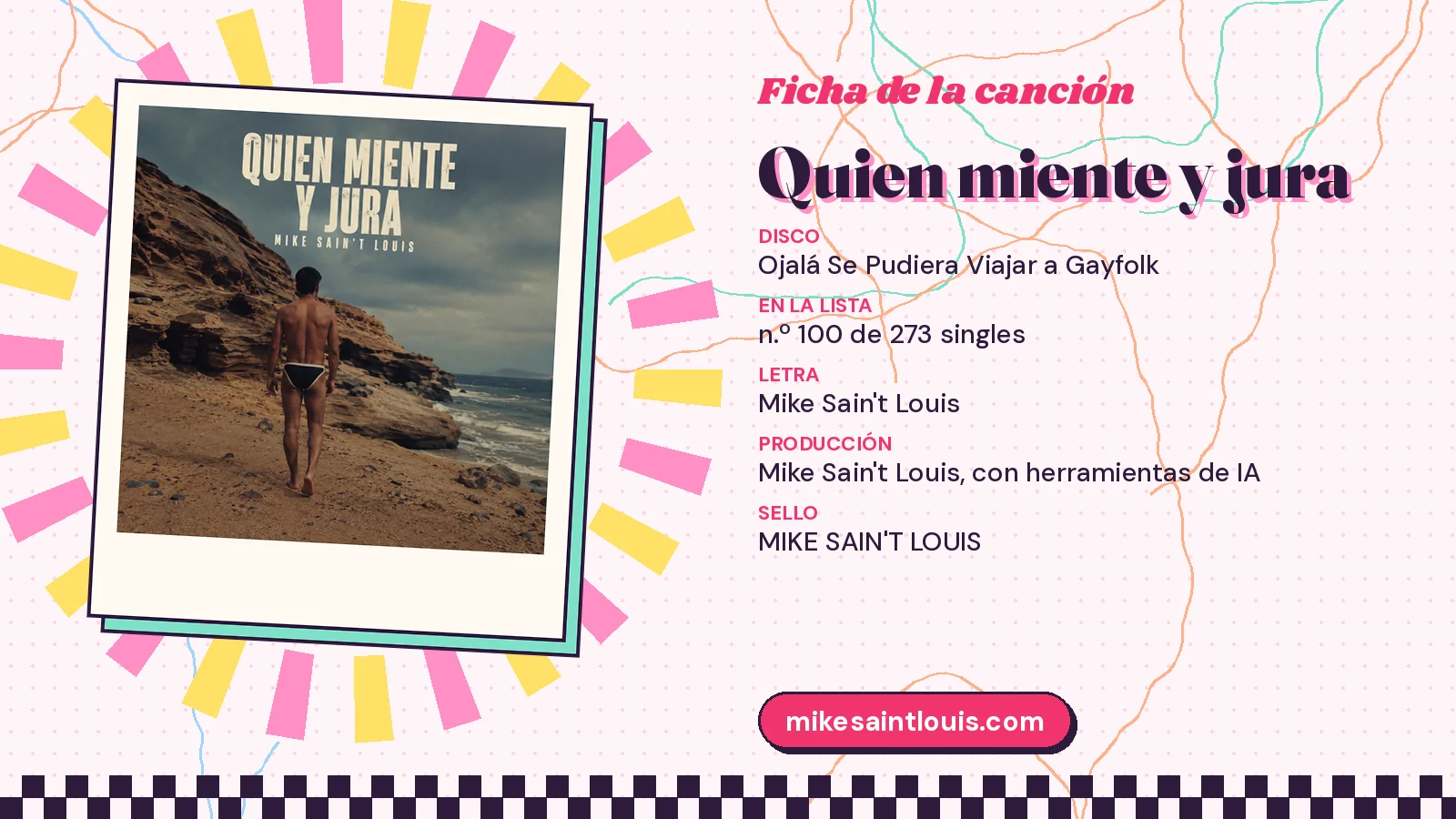 Song card for «Quien miente y jura» with its cover art: from the album «Ojalá Se Pudiera Viajar a Gayfolk», lyrics and production by Mike Sain't Louis