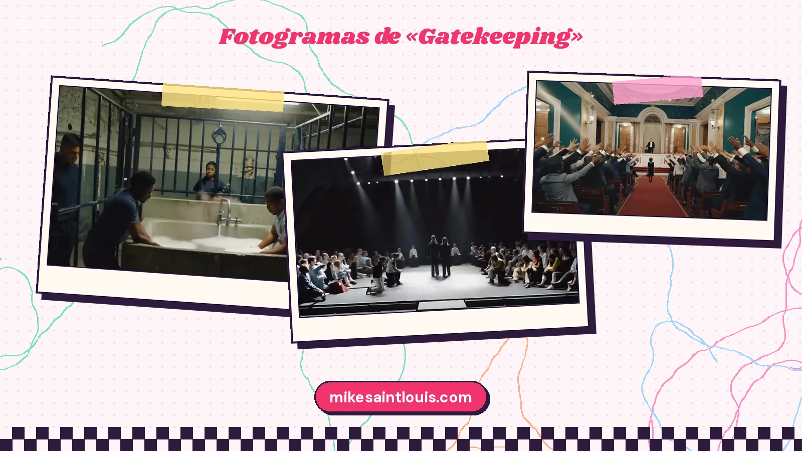 Cuatro fotogramas del clip de «Gatekeeping»: hombres que se lavan las manos tras unas rejas, un escenario redondo rodeado de público sentado en el suelo, el salón verde de los brazos alzados y unos operarios de rodillas midiendo el suelo