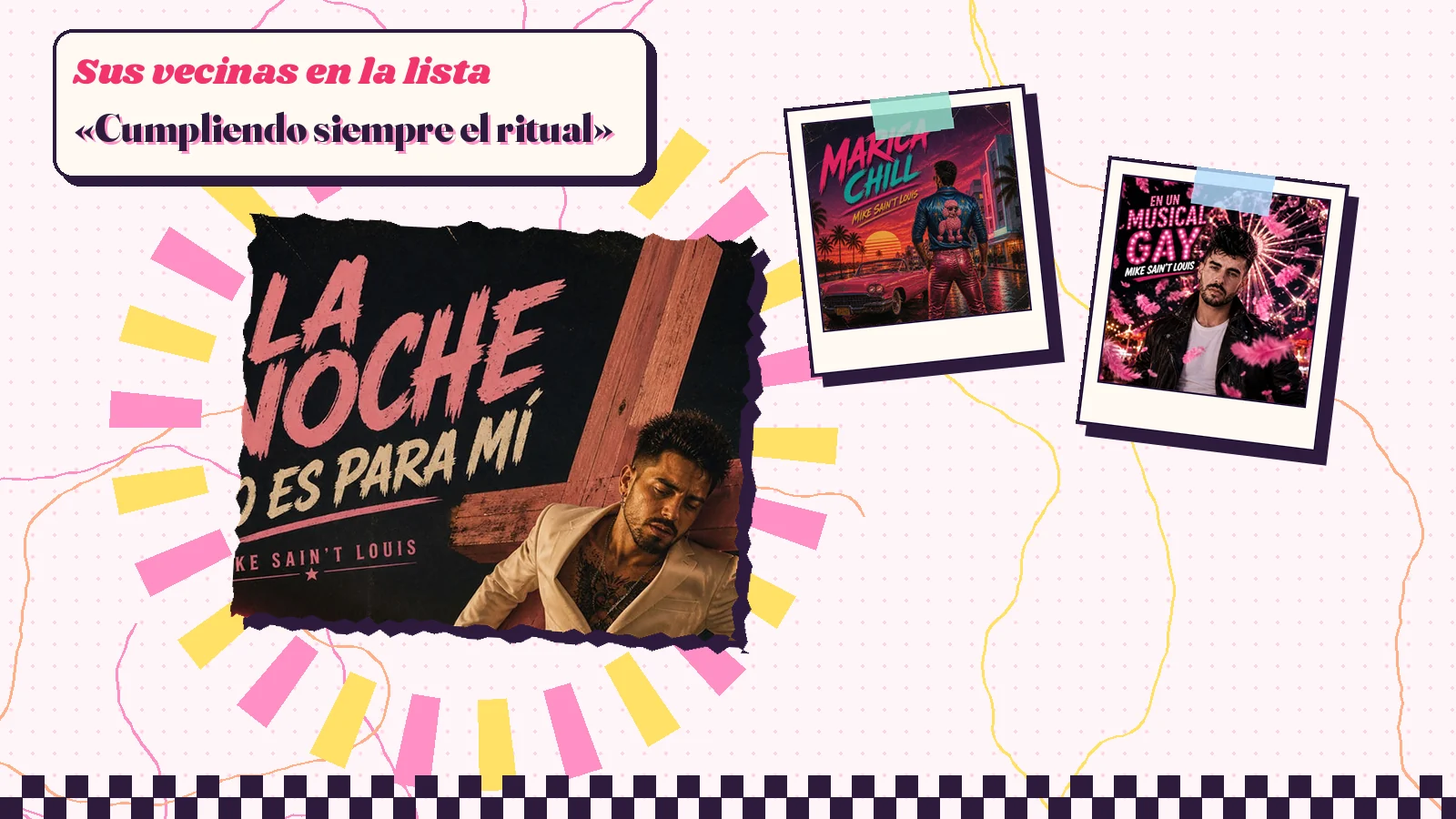 Collage con un detalle de la carátula de «La noche no es para mí» y las carátulas de «Marica chill», «En un musical gay»