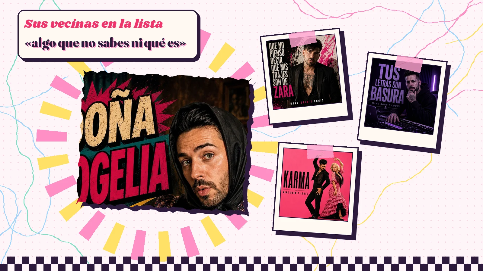 Collage con un detalle de la carátula de «Doña Rogelia» y las carátulas de «¡Que no pienso decir que mis trajes son de Zara!», «Tus letras son basura», «Karma»